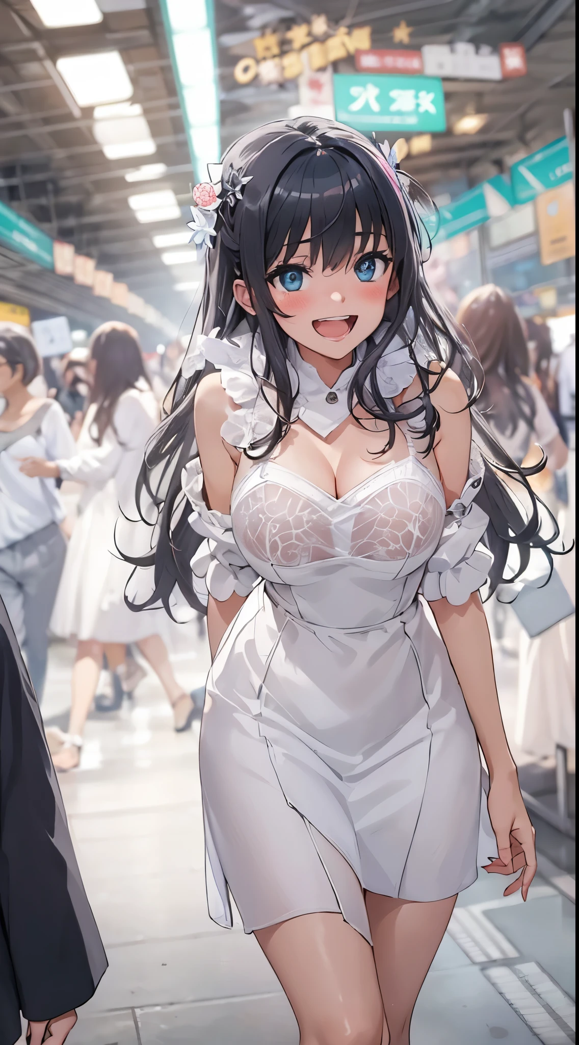 1womanl,Black hair,14years ,(()),Beautiful breasts,(((sexy white shiny dress)))(())(((Blushing cheeks、Smile with open mouth)),(((Satin Narico))),((( portlate))),Crowds,White dress