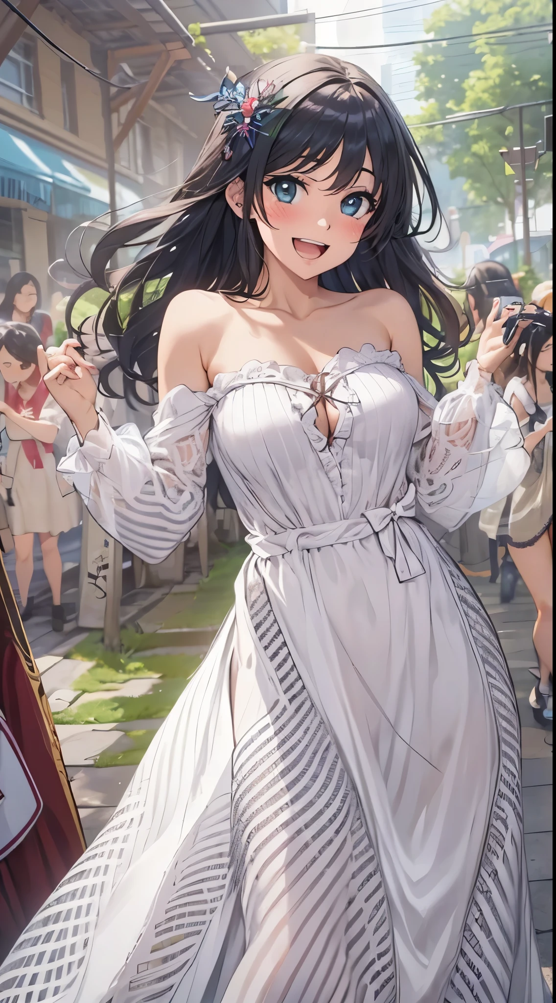 1womanl,Black hair,14years ,(()),Beautiful breasts,(((sexy white shiny dress)))(())(((Blushing cheeks、Smile with open mouth)),(((Satin Narico))),((( portlate))),Crowds,White dress