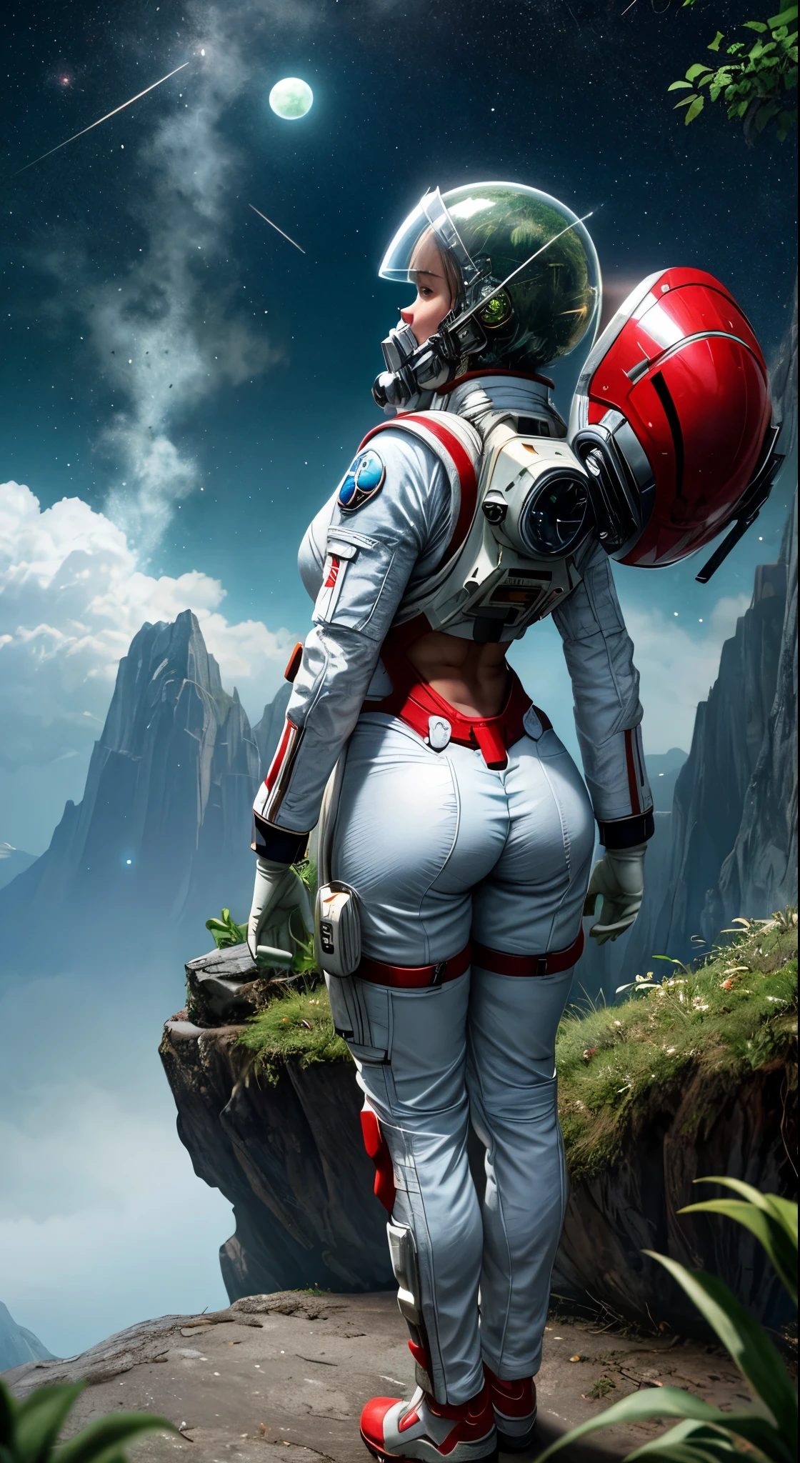 Highly detailed RAW color Photo, Rear Angle, Full Body, of (female space marine, wearing white and red space suit, futuristic helmet, tined face shield, rebreather, accentuated booty), outdoors, (leaning over rocky Edge, looking out at advanced alien structure), (on complex exotic alien planet:0.6), toned body, big butt, (sci-fi), (mountains:1.1), (lush green vegetation), (two moons in sky:0.8), (highly detailed, hyperdetailed, intricaens flare:0.7), (bloom:0.7), particle effects, raytracing, cinematic lighting, shallow depth of field, photographed on a Sony a9 II, 24mm wide angle lens, sharp focus, cinematic film still from Gravity 2013, viewed from behind