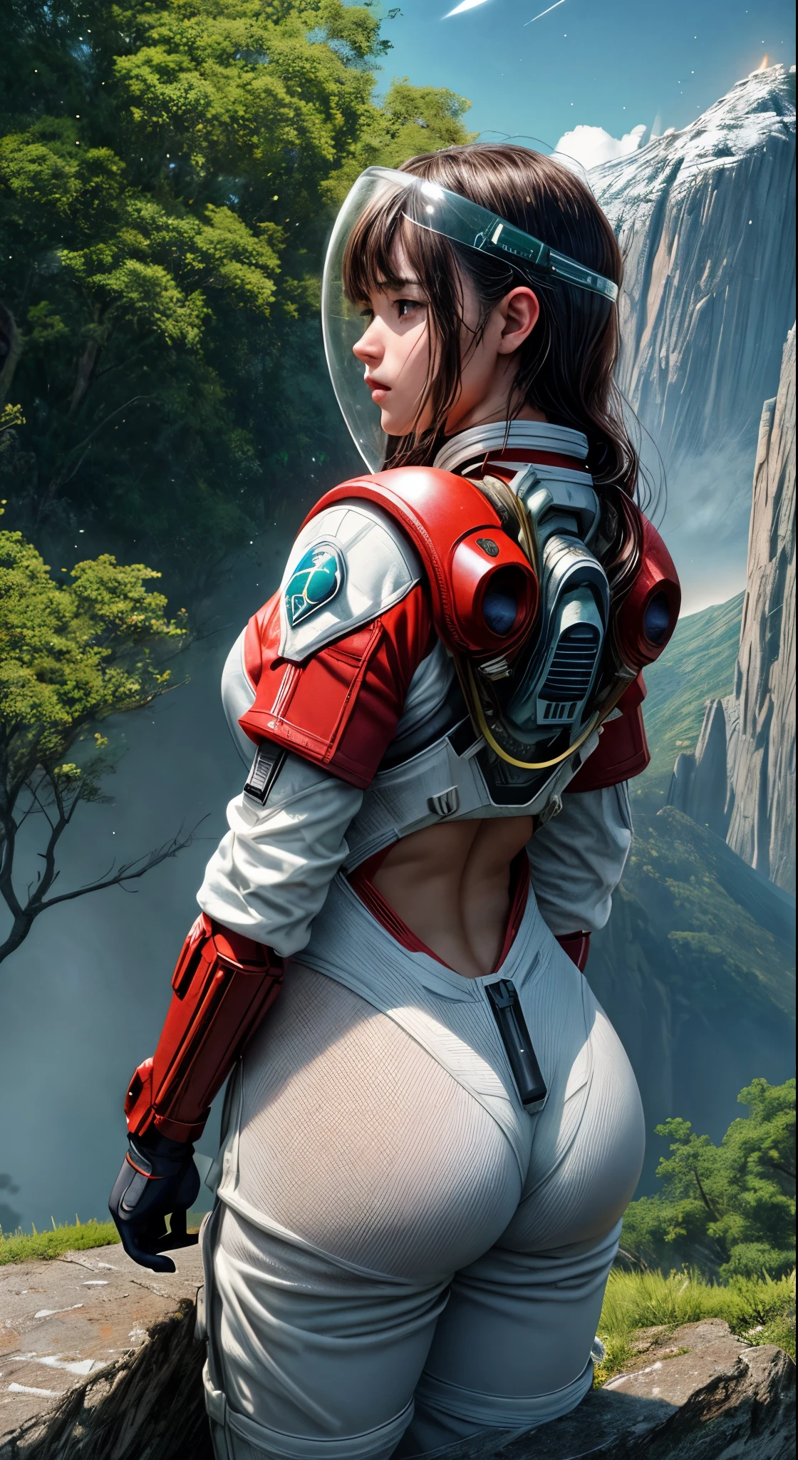 Highly detailed RAW color Photo, Rear Angle, Full Body, of (female space marine, wearing white and red space suit, futuristic helmet, tined face shield, rebreather, accentuated booty), outdoors, (leaning over rocky Edge, looking out at advanced alien structure), (on complex exotic alien planet:0.6), toned body, big butt, (sci-fi), (mountains:1.1), (lush green vegetation), (two moons in sky:0.8), (highly detailed, hyperdetailed, intricaens flare:0.7), (bloom:0.7), particle effects, raytracing, cinematic lighting, shallow depth of field, photographed on a Sony a9 II, 24mm wide angle lens, sharp focus, cinematic film still from Gravity 2013, viewed from behind
