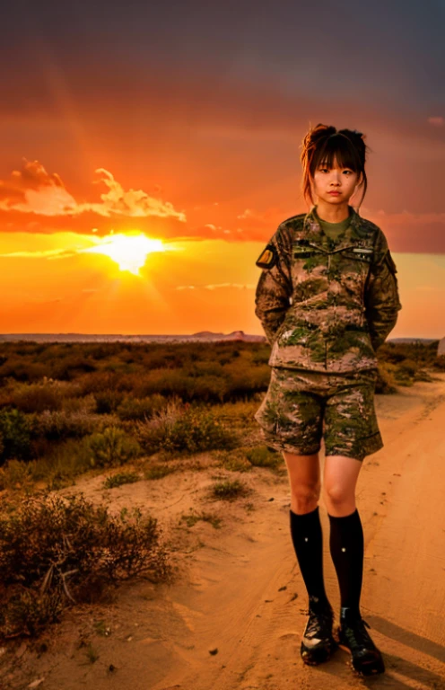 camouflage uniform、fullnude、barechested、Illuminated by the setting sun、at the sunset、Orange sunset、Mole、Sad face、Rough skin、acne switching body、crawl forward、Military Personnel、camouflage uniform、female pervert、hotpants、A dark-haired、jungles、Cuffedで拘束されている、Cuffed