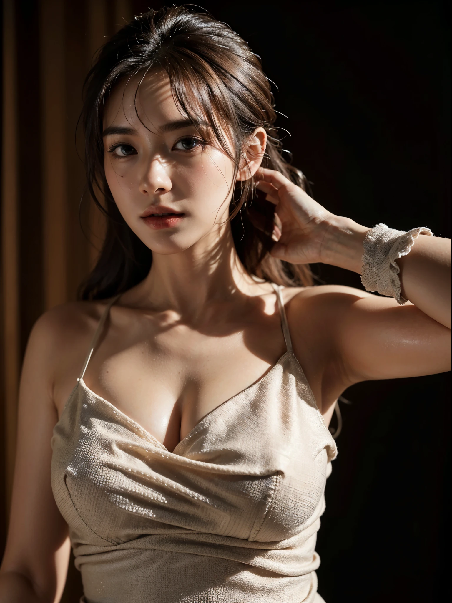 High quality image, masterpiece, detailed hair texture, detailed skin texture, detailed cloth texture, 8k, add fabric details, ultra detailed skin texture, ultra detailed photo, skin pores, cloth details, high skin details, realistic hair details, portrait of a beautiful woman, milf, chubby body, , wearing tight clothes