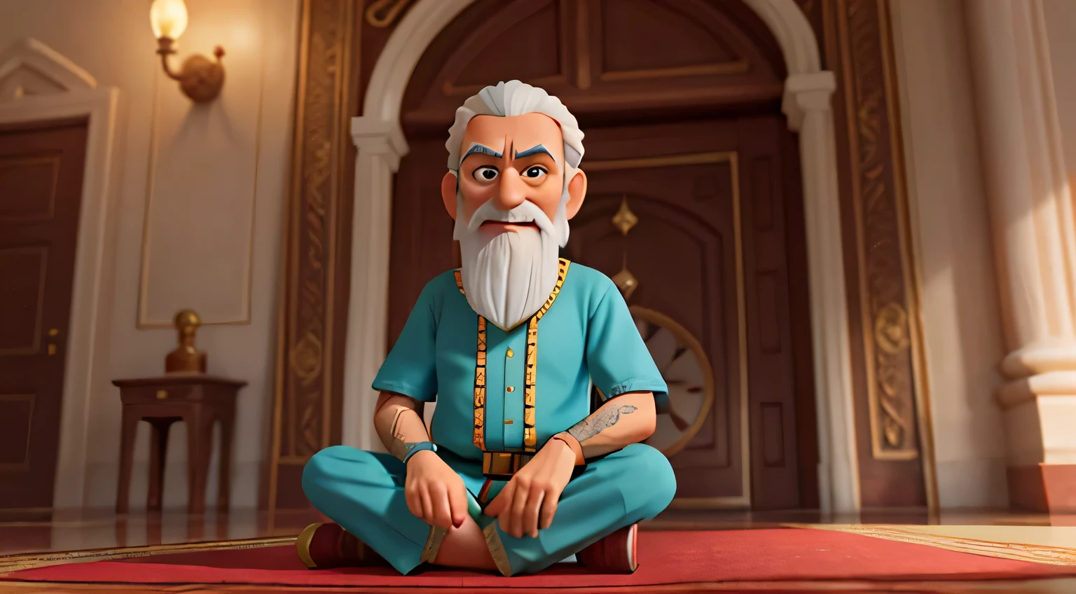 cartoon style, 8k, 3d, One day, a strange old man, whom the people called Fakir, sitting with the king in the palace