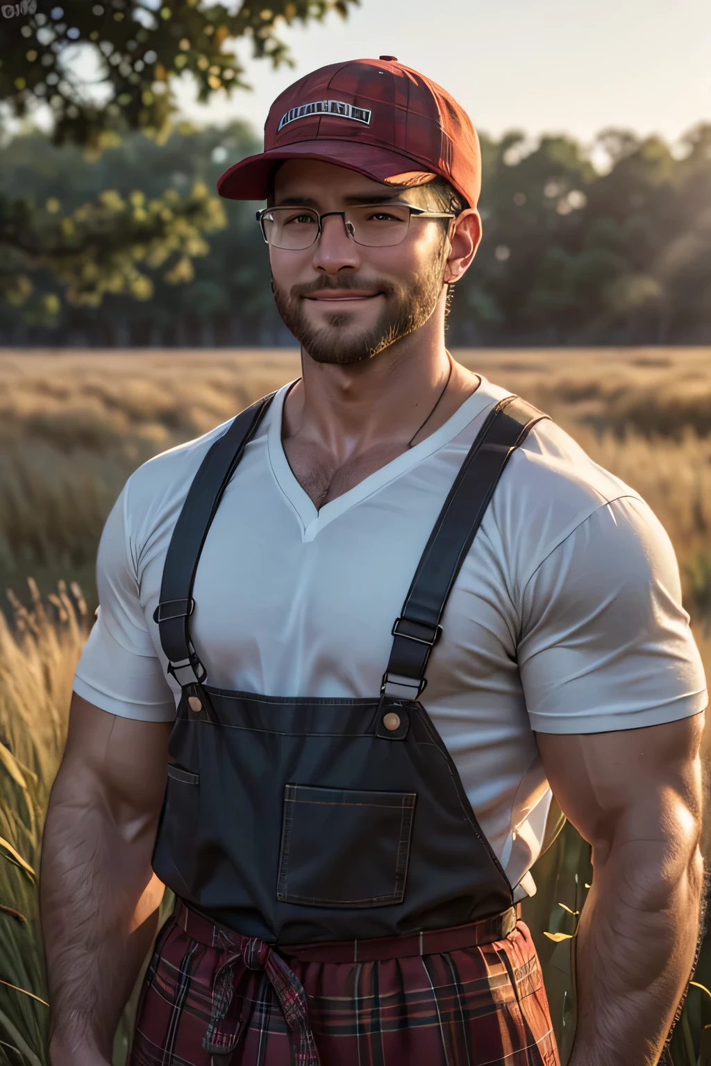 An award-winning original photo,A wild muscular man, (30 years old daddy:1.1), 1boy, Solo, (wearing red plaid overall), (white T shirt), (big shoulders), muscular, short hair, stubbles, Short beard, Beautiful eyes:1.3, ), (Detailed face:1.3), (wearing glasses), (baseball cap), smiles, Dynamic Angle, volumetric lighting, (Best quality, A high resolution, Photorealistic), Cinematic lighting, Masterpiece, RAW photo, Intricate details, hdr, depth of field, paddyfield in the background, from above, golden sunshine