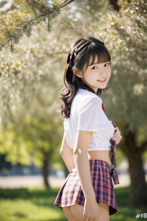 (((masterpiece))), (((Full body photo))), (One beautiful Japan girl, Innocence,kawaii) ,超A high resolution, Realistic, ultra-detailliert, 8K,top-quality, Extremely detailed, Detailed background,A slender,very beautiful japanese girl, Detailed face:1.3), (short-haired,I tie my hair short and put it up.,Cute Hair Ornament,A dark-haired :1.4), (a baby face,kawaii系,adorable 10 year old girl), (Perfect body:1.1), (White shirt,Red Check Ribbon,Red plaid mini skirt、Dark blue high socks、lowfers), On the lawn of the park,ask for a smile,Please show me your beautiful teeth,((Focus on the crotch,Lift up your skirt、Panties are visible)),Looking back、sexy pose,rosy cheeks,Super Detailed Face、Detailed lips、A detailed eye、small gravure idol,Transparent skin、ta,japanese hight school uniform,Shade,Under a big tree,Photorealistic:1.37,no-makeup,Neutral Lighting,((posterior view))、Looking up from the ground