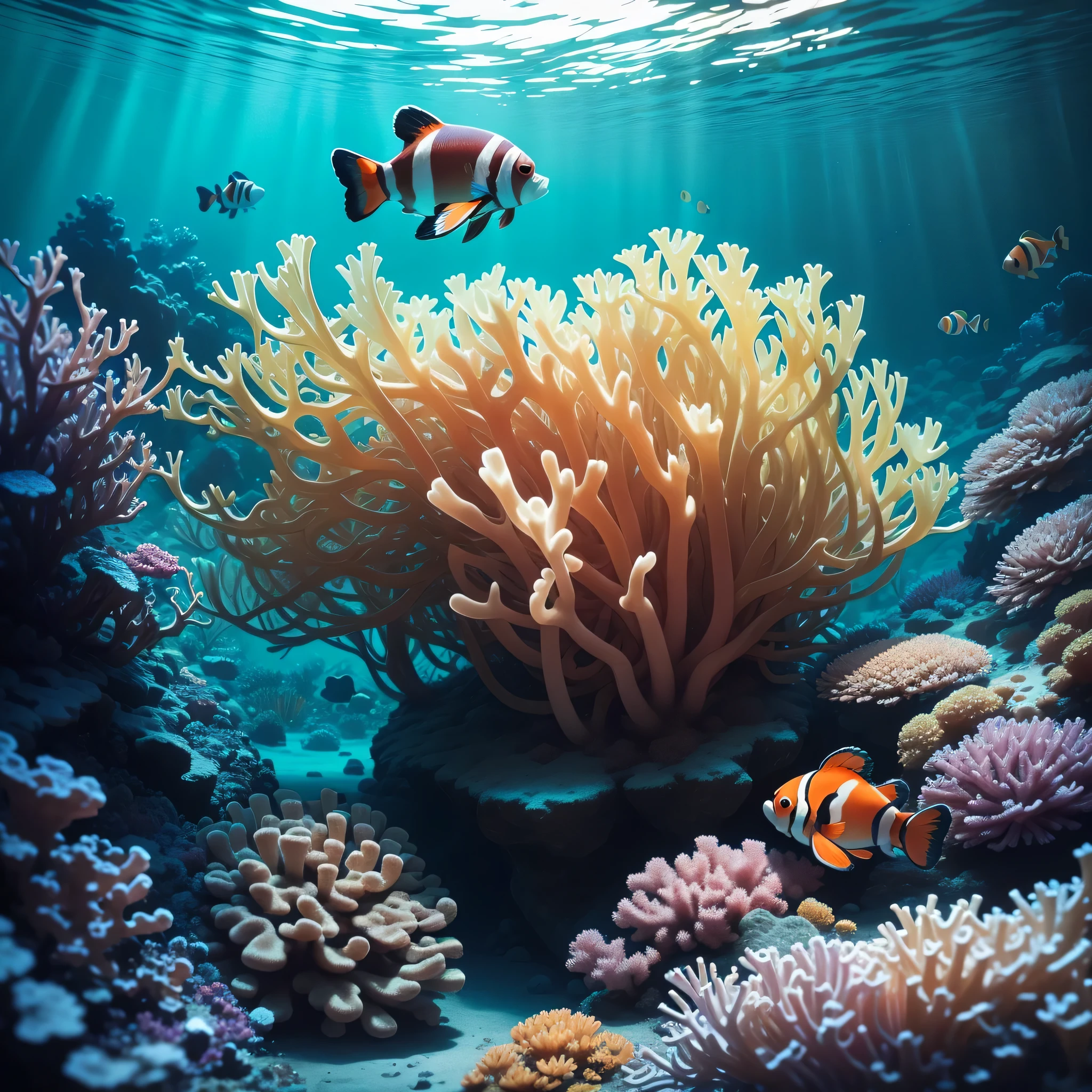 Clown fish dance in colorful coral reef, Like a bright color in the sea. intertwined with coral reefs, They display unique dances in the water,Attracting the attention of passing marine life and divers. Describe the amazing encounter between clownfish and coral reefs and the scenes between them.