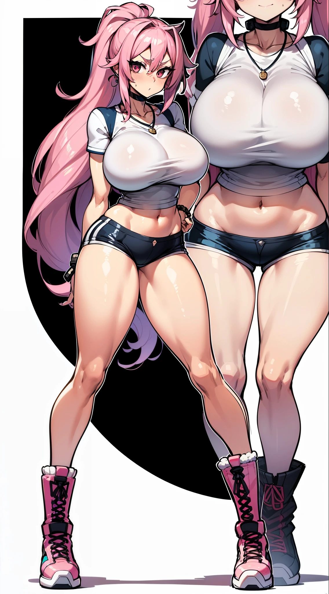human woman, slim body, long legs, pink hair and double ponytail hairstyle, huge breasts, white t-shirt, tight shorts, mini skirt, boots, necklaces, bracelets, 8k, hd, masterpiece, white background, full body{8}