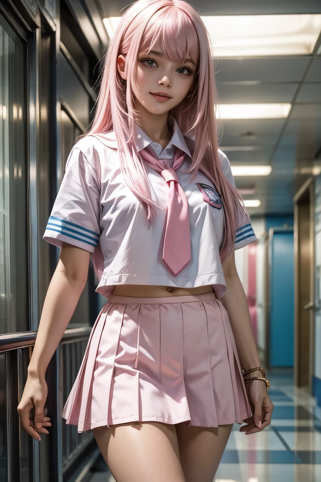 (1Girl, Russian, Beautiful, smiling, 18yo, ((Messy bubblegum pink hair with a fringe)), (pink perfects eyes), ((wearing blue school uniform))), ((In a scholl corridor)),