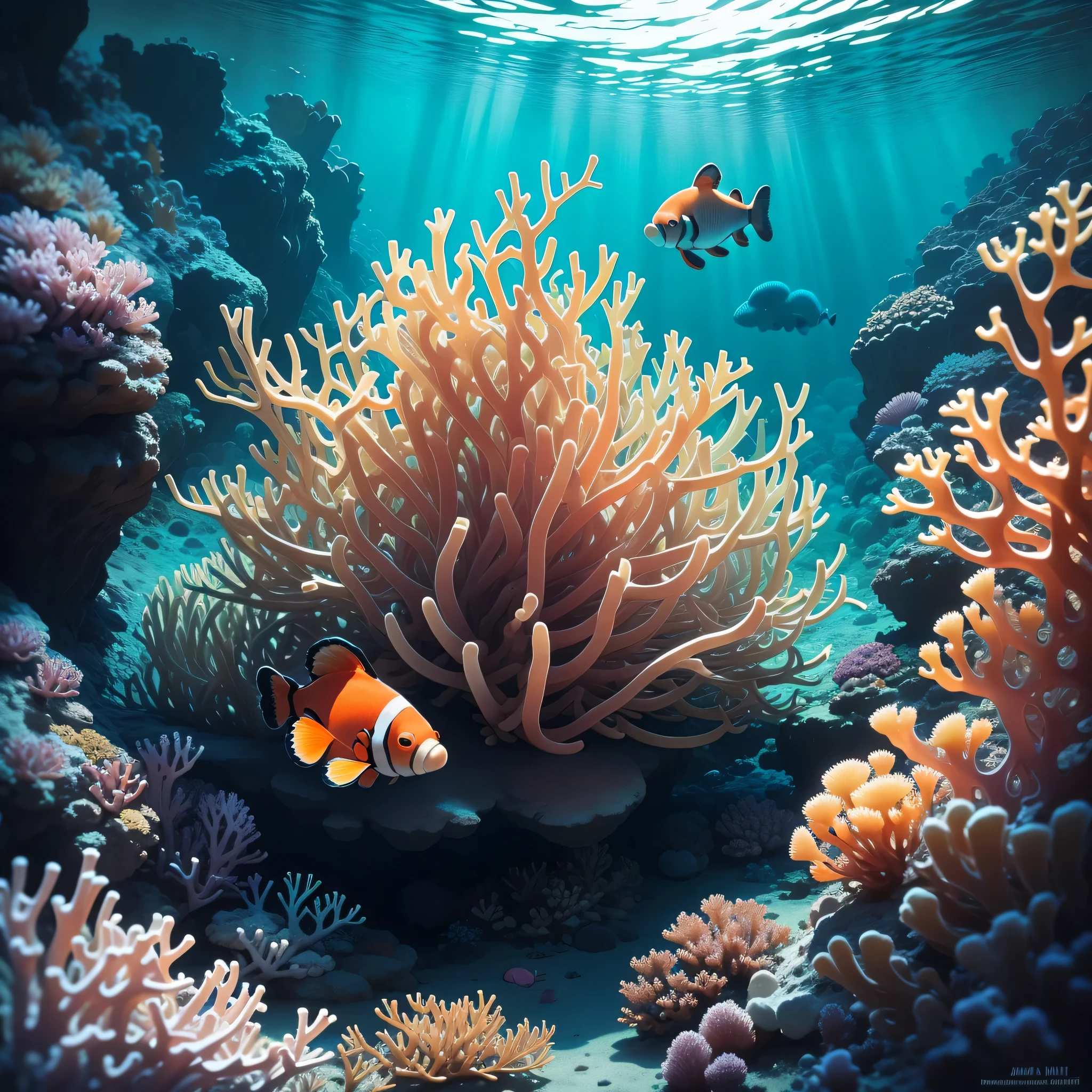 Clown fish dance in colorful coral reef, Like a bright color in the sea. intertwined with coral reefs, They display unique dances in the water,Attracting the attention of passing marine life and divers. Describe the amazing encounter between clownfish and coral reefs and the scenes between them.
