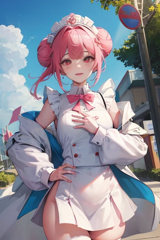 tmasterpiece、Need、1 female student、White cloth bun bun bun、Shoulder leakage、The chest is large、chubbiness、ssmile、upper legs,pale pink lip、posing at school,legs are open, 独奏,the maid outfit,looking at viewert, (upper legs粗:1.0),Yazawa Nico,red eyes, face flushed,Blunt hair,both hands on hip,Wide buttock,greet,Flower headdress,