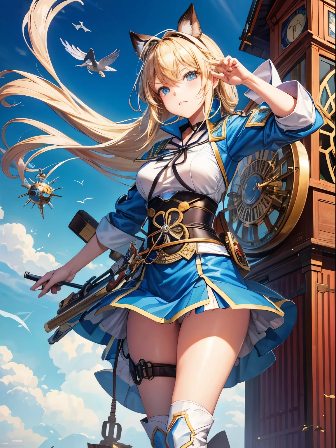 Masamune Shirow, Stephen Fabian in colour, Surreal, mysterious, strange, fantastical, fantasy, Sci-fi, Japanese anime, aerial dismantling of the clock tower, internal clock machinery and mechanisms visible, beautiful blonde miniskirt girl Alice walking in the air on a sphere, perfect voluminous body, dynamism, bird's eye view, vibrant colours, detailed masterpiece