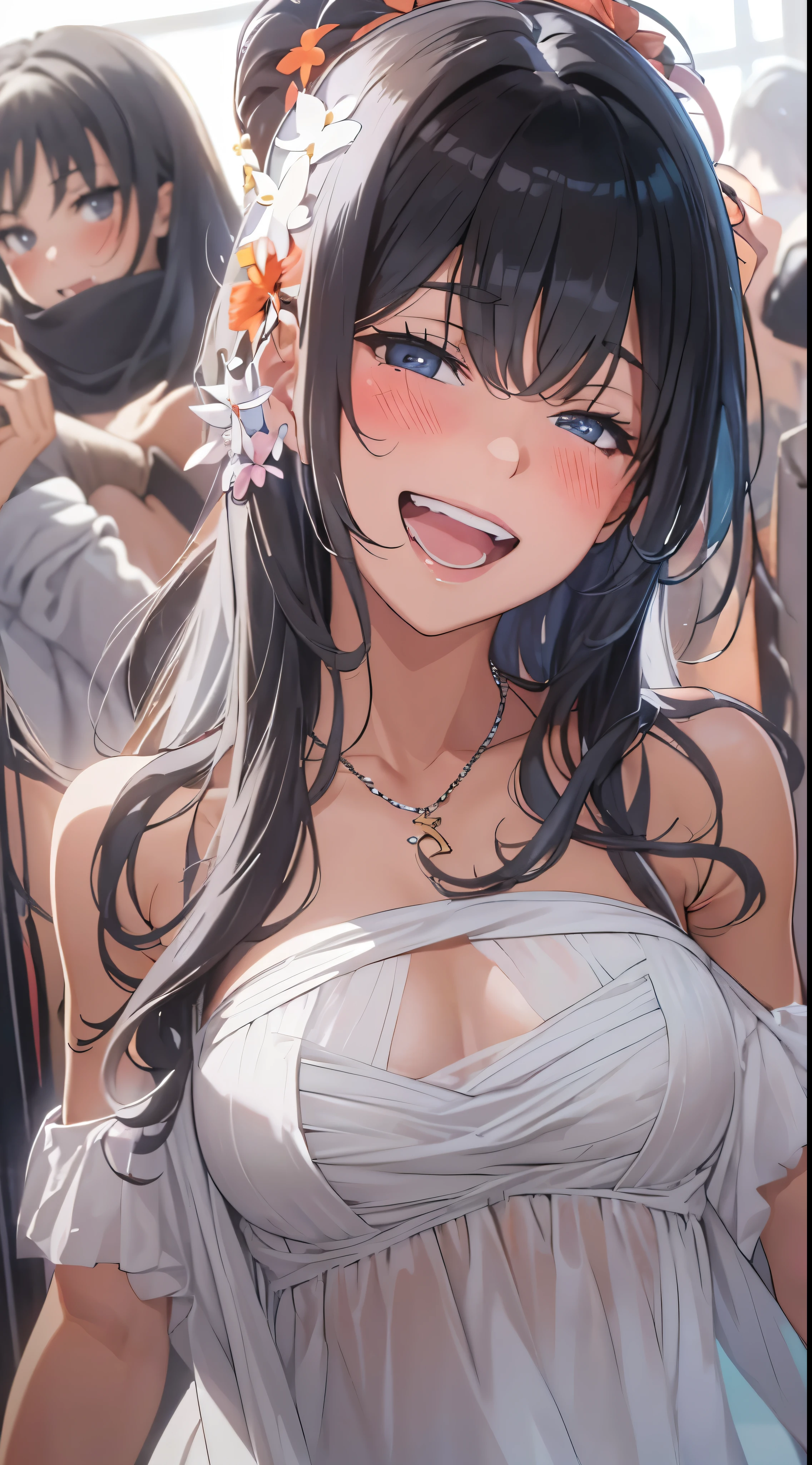 1womanl,Black hair,14years ,(()),Beautiful breasts,(((sexy white shiny dress)))(())(((Blushing cheeks、Smile with open mouth)),(((Satin Narico))),((( portlate))),Crowds,White Dress
