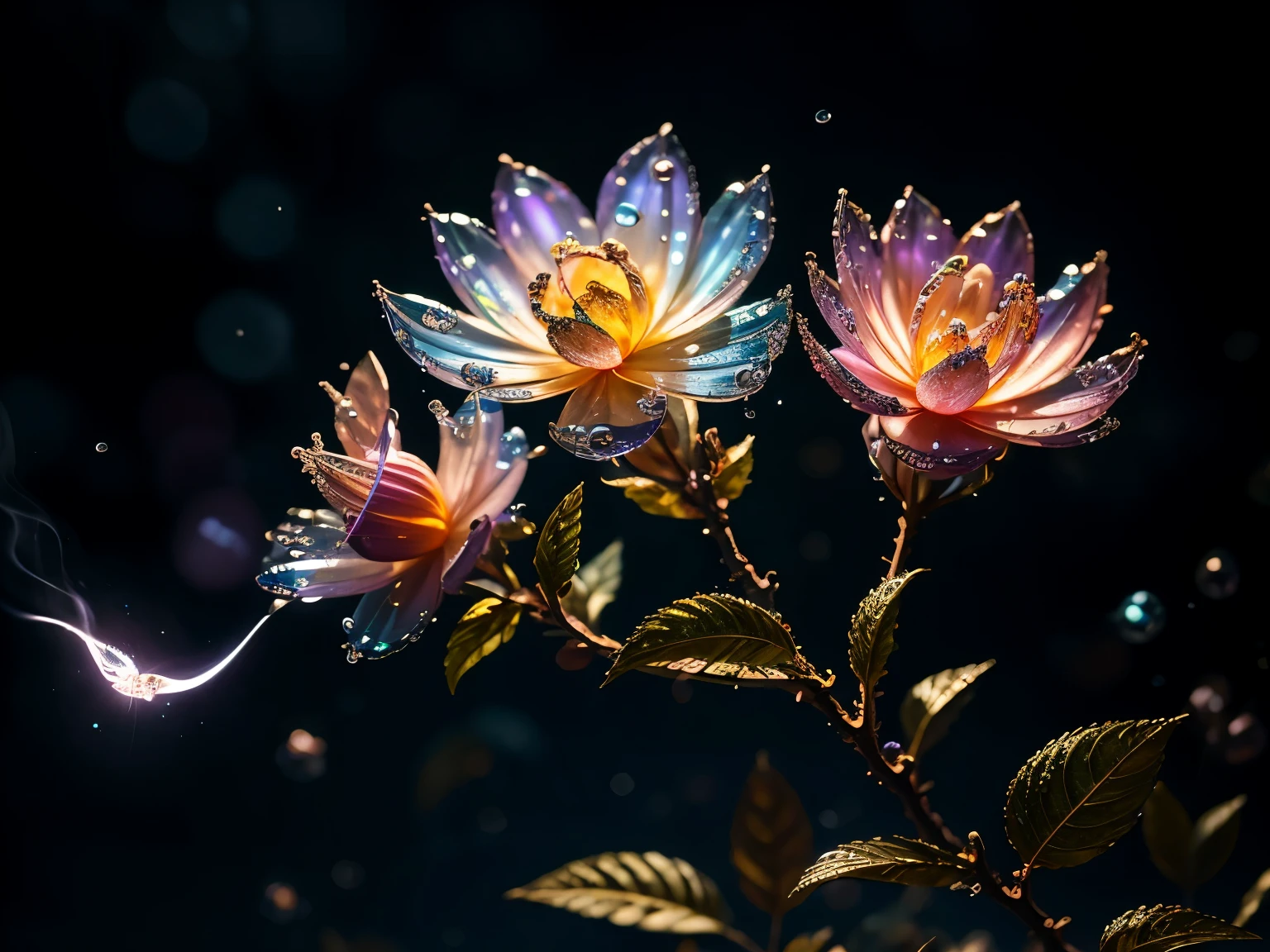 branch of delicate lilac flowers, super transparent, holy light, beautiful spectral light, petals glow, flashing, dark background, drops of transparent light, reflective light, bright, light streaming in, optics, portrait profile, sharp focus, magical, intricate, ultra realistic, fantasy, composition, light, trend on artstation, pearl, patronus cloud of silvery vapor, corrosive enveloping ray family, 8k, ureal ar 23v4 uplight