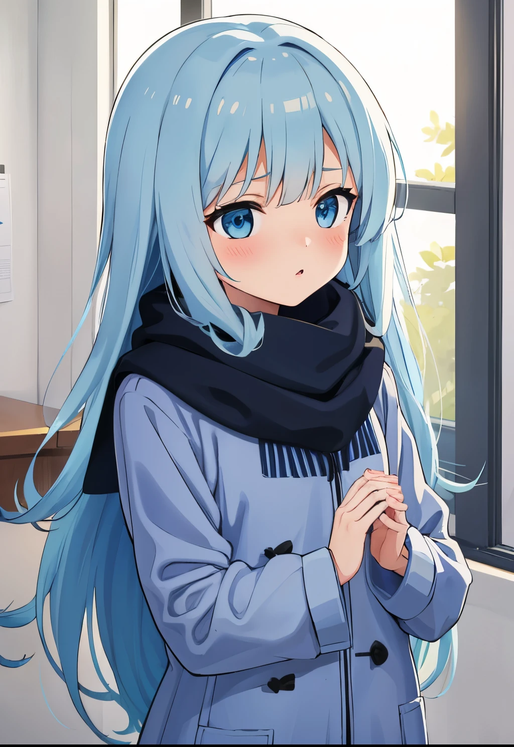 Winters.girl with.light Blue hair.long hair.student clothes