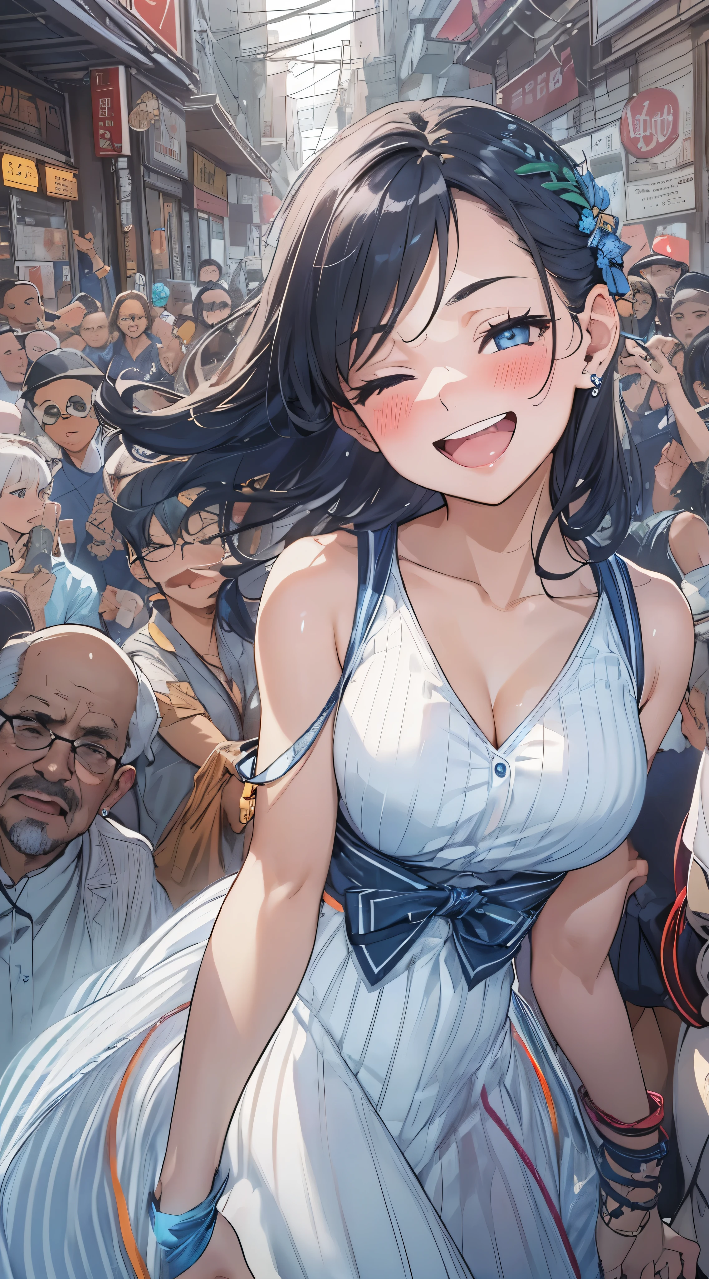 1womanl,Black hair,14years ,(()),Beautiful breasts,(((sexy white and blue shiny dress)))(())(((Blushing cheeks、Smile with open mouth)),(((Satin Narico))),((( portlate))),Crowds,White and blue dress