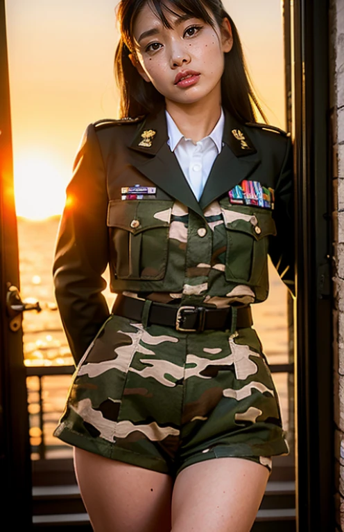 camouflage uniform、fullnude、barechested、Illuminated by the setting sun、at the sunset、Orange sunset、Mole、Sad face、Rough skin、acne switching body、crawl forward、Military Personnel、camouflage uniform、female pervert、hotpants、A dark-haired、Cuffedで拘束されている、Cuffed、confinement