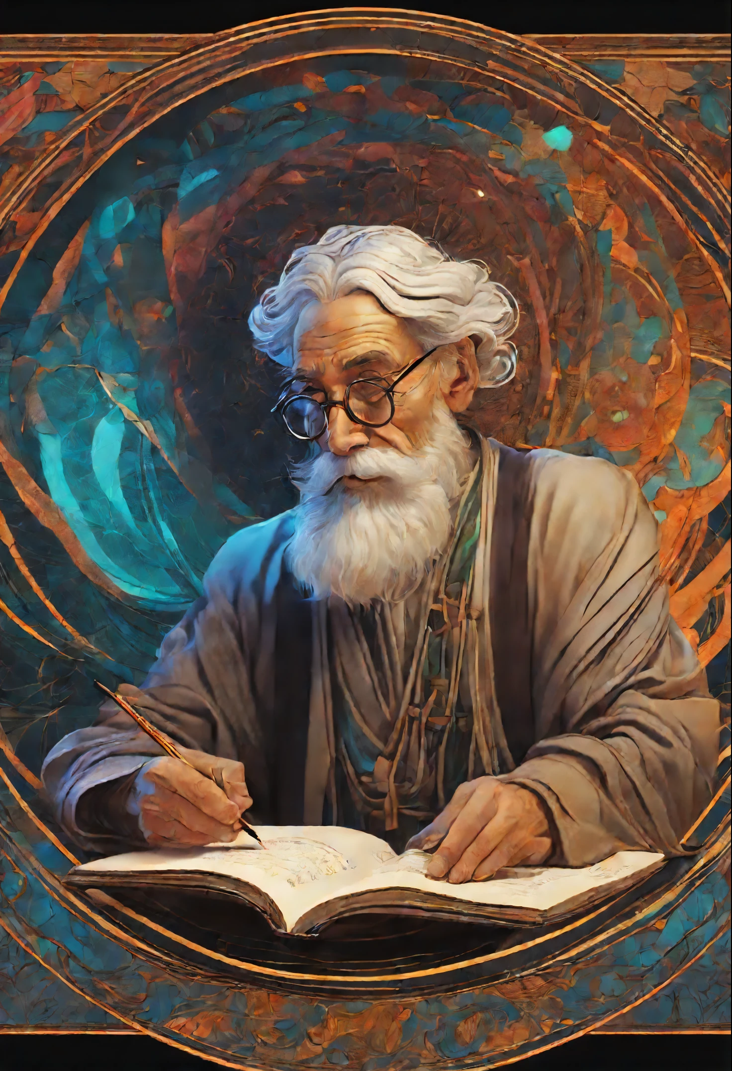 old wise philosopher man, writing a book, round glasses, bright , complex quantum effects, elegant, highly detailed, digital painting, art, fluid, illustration, Colourful highlighted lines, complex patterns, cyberpunk, Alphonse Mucha