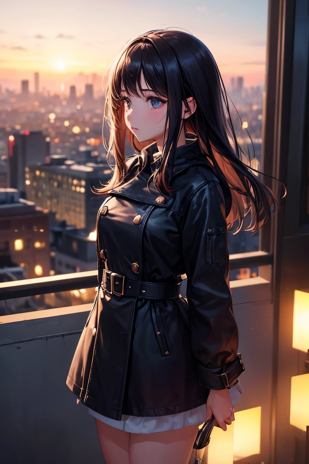 ((best quality, more details, masterpiece)), 1girl, solo, Lonely eyes staring into the distance, city at dusk in the background, blurred background, blurred background, luxurious, 8k, ray tracing, depth of field, cinematic lighting