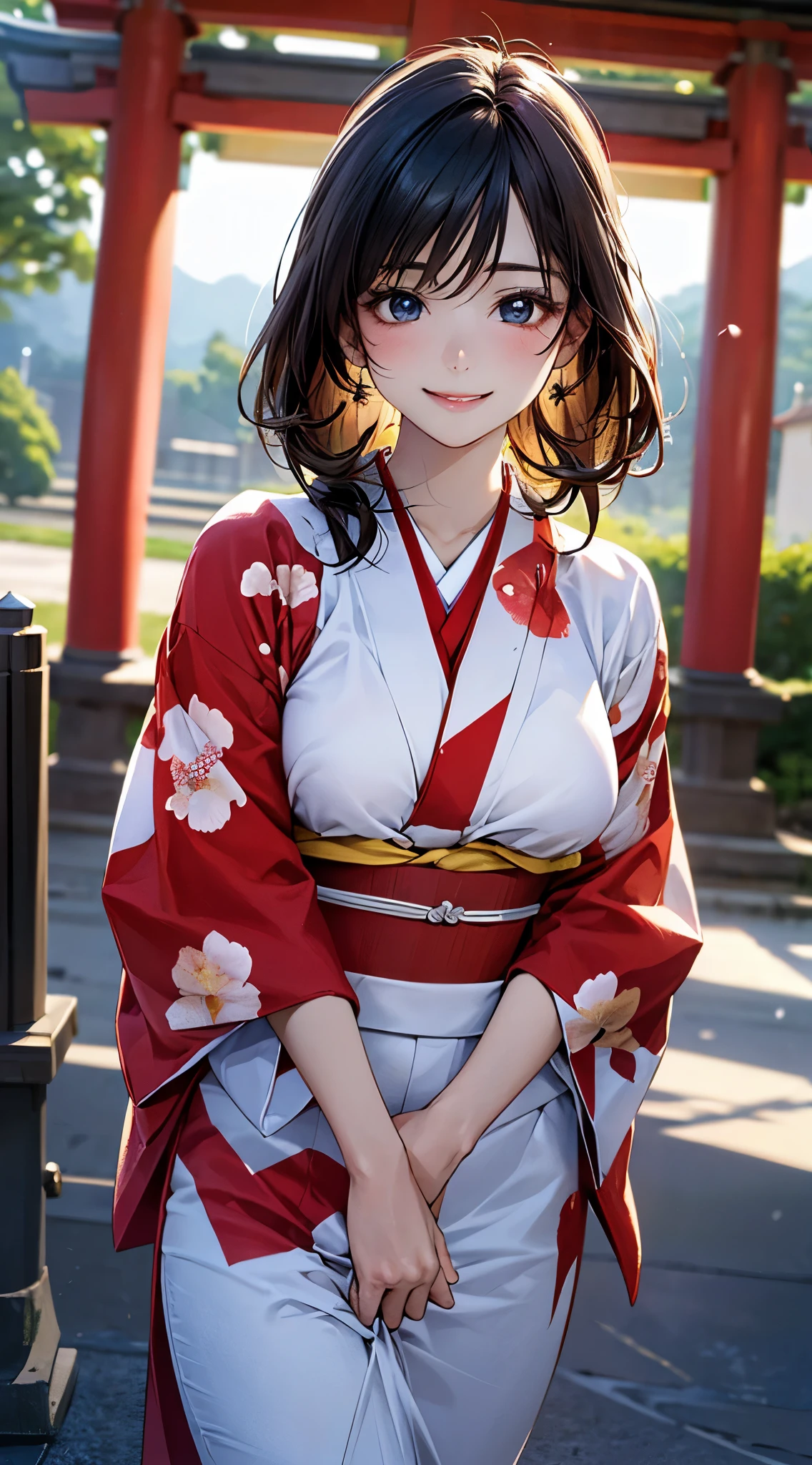 (masterpiece:1.2, top-quality), (realistic, photorealistic:1.4), beautiful illustration, NSFW,
looking at viewer, cowboy shot, front view:0.8,
1 girl, japanese, high school girl, black hair, blue eyes, large breasts:0.8,
beautiful hair, beautiful face, beautiful detailed eyes, beautiful clavicle, beautiful body, beautiful chest, beautiful thigh, beautiful legs, beautiful fingers,
(beautiful scenery), dawn, new year's day, japan, outside hokkaido shrine, lots of worshippers,
((red floral kimono)),
adorable smiling, (idle),
(adorable smiling), shiny skin,
perfect face, cute and symmetrical face, natural side lighting, movie lighting),