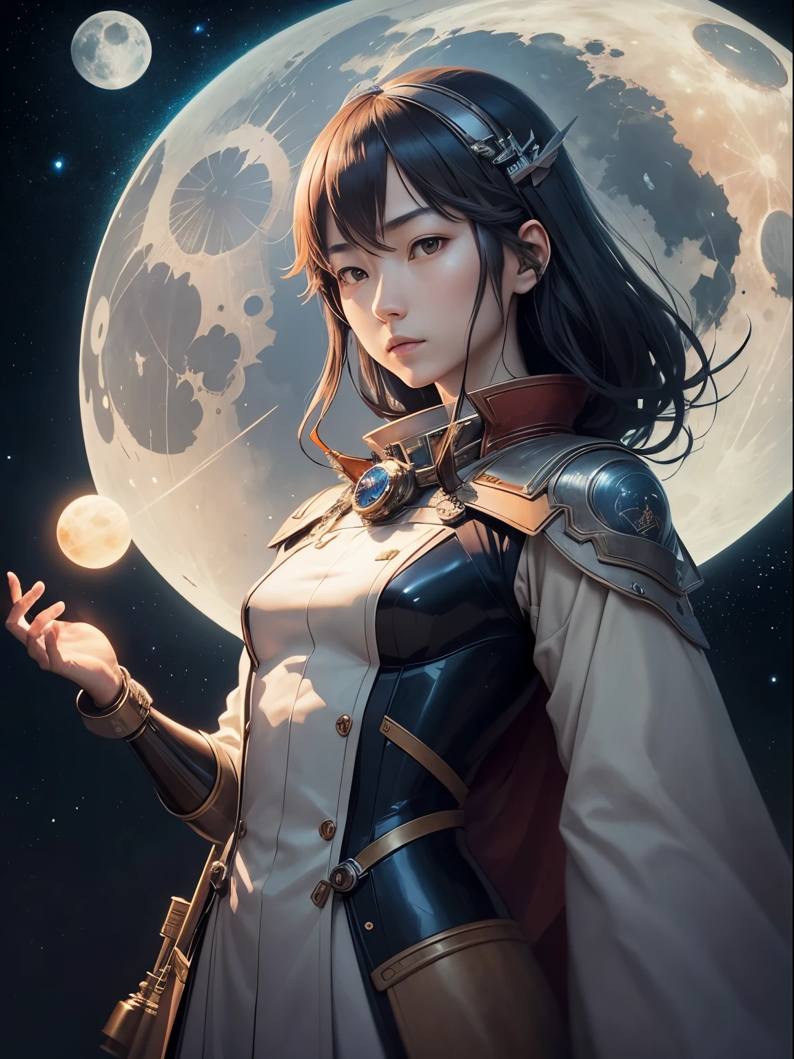 Naoyuki Katoh, Anton Pieck, Surreal, mysterious, strange, fantastical, fantasy, Sci-fi, Japanese anime, origami satellite, beautiful girl in a mechanical suit swimming in satellite orbit, perfect body, the moon is close, a meteorite that enters the atmosphere and burns, detailed masterpiece