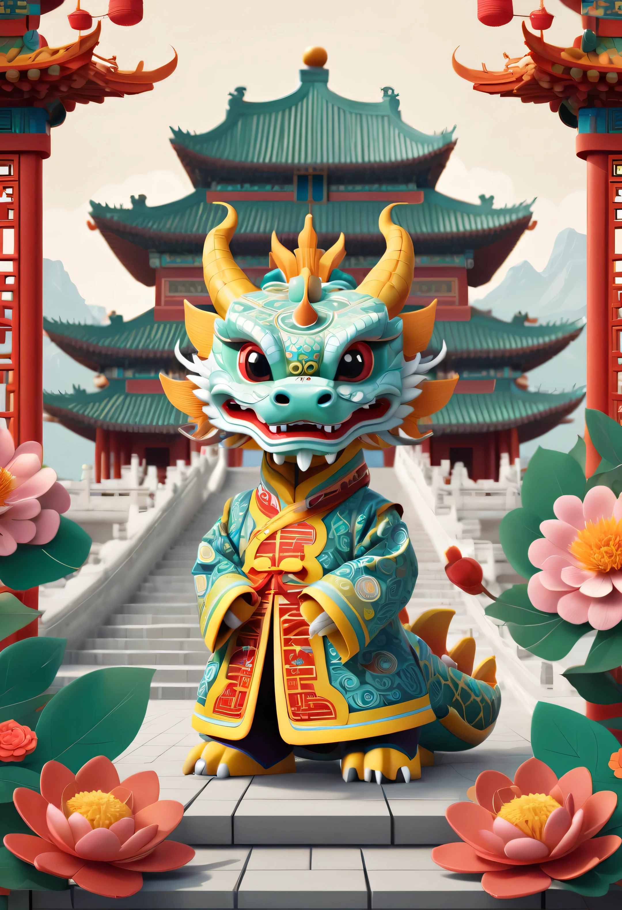 Create graphic style illustrations using symbolic planes and flat color blocks. Depicts a super cute Chinese dragon,The background is the Temple of Heaven in China. Incorporate symmetrical geometric patterns, Ruyi pattern, and Chinese clothing elements, Includes headdress pattern. Render illustrations in Maya style, Inspired by folk art flower arrangements. Use vibrant color combinations, masks, and totem. Make sure you have a white background, Beautiful borders, Clear silhouette, and emphasize folk themes.