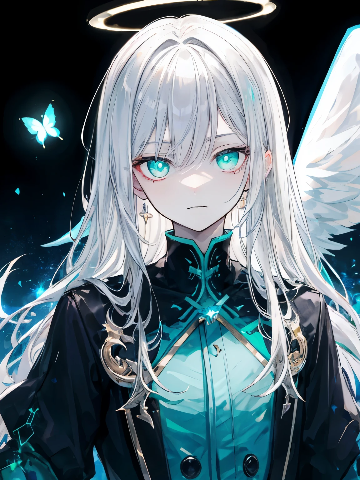 Best Quality、masutepiece、Ultra-detailed、face perfect、Extremely detailed、Extremely delicate、1 boy, (Scary), Angel, blanche髪、Long hair、Gorgeolanche'The halo),(blanche光輪) Dark, Glowing eyes, Light green eyes, Angel wings, holy, , blancheのチュニック, 2対のblanche angel wings, which are full of confidence, Keep your mouth shut、Expressive eyes, collofull eyes, Contrasty, shadowy, masutepiece, Digital Art, Glowing eyes, Intimidating, corrupted, Demonic, Abstract background, blanche, black and teal、両手にblancheく輝く星を浮かばせる、fear、A light blue butterfly dances