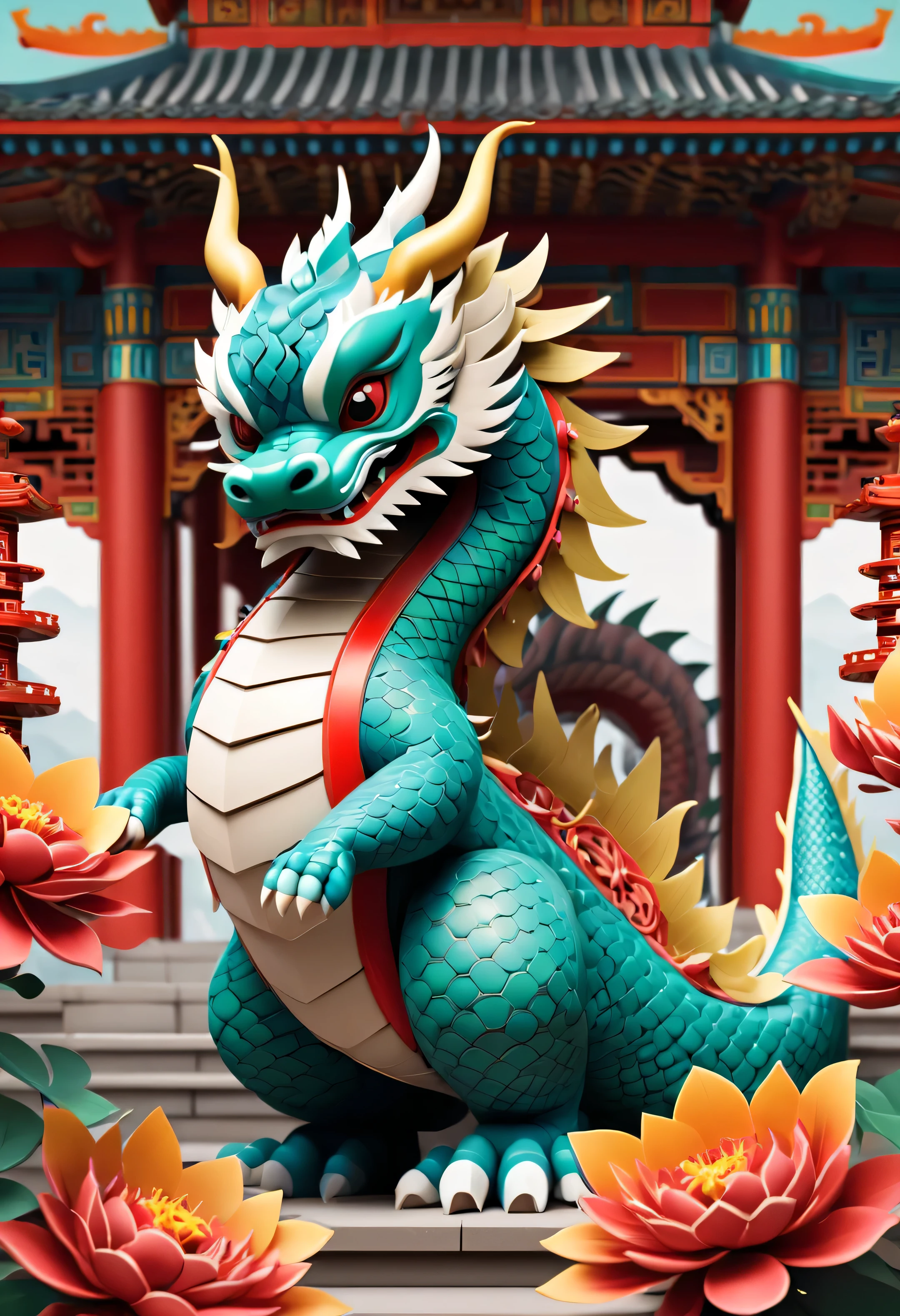 Create graphic style illustrations using symbolic planes and flat color blocks. Depicts a super cute Chinese dragon,The background is the Temple of Heaven in China. Incorporate symmetrical geometric patterns, Ruyi pattern, and Chinese clothing elements, Includes headdress pattern. Render illustrations in Maya style, Inspired by folk art flower arrangements. Use vibrant color combinations, masks, and totem. Make sure you have a white background, Beautiful borders, Clear silhouette, and emphasize folk themes.