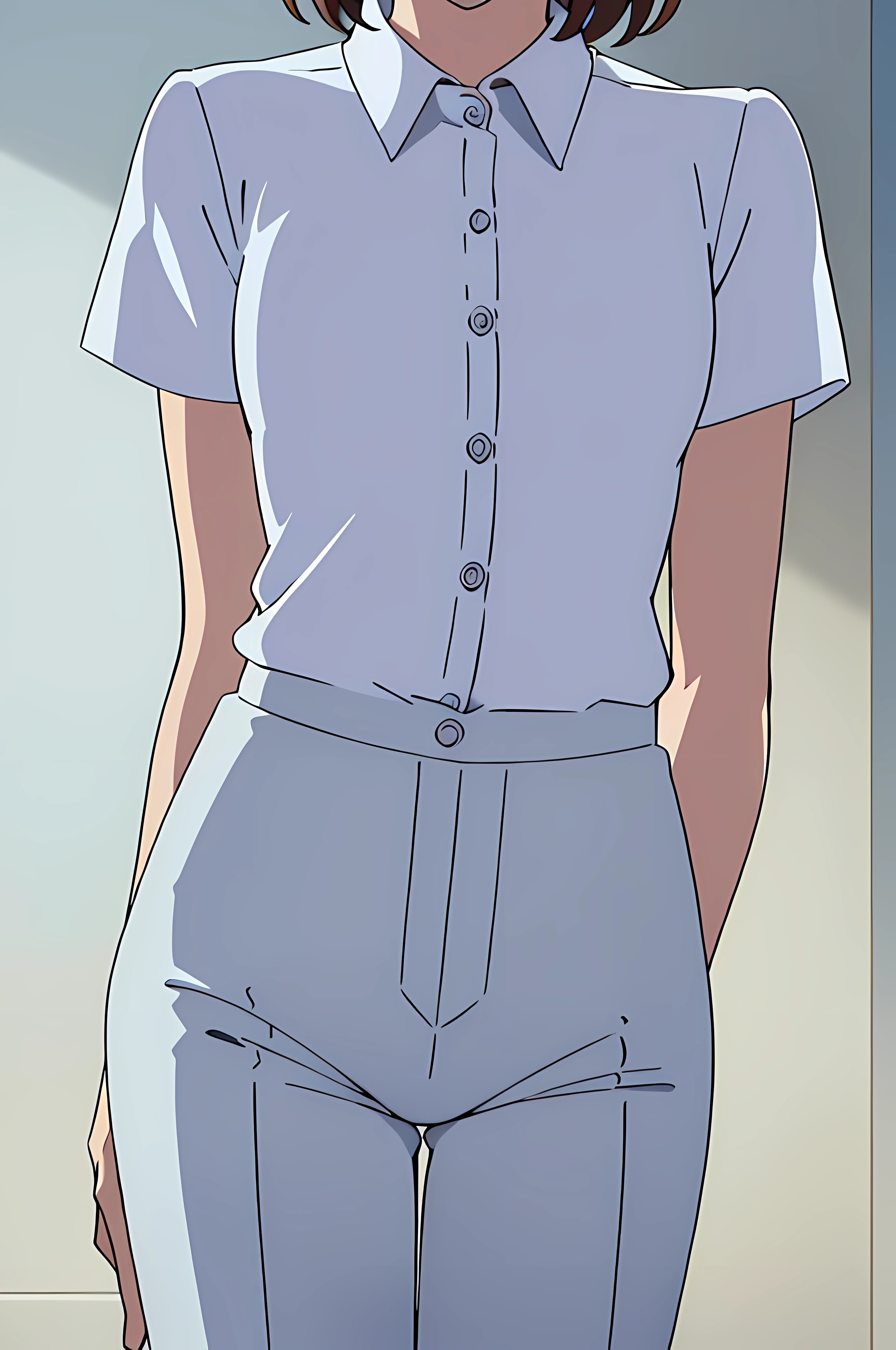 ((best quality)), (masterpiece), woman, matured woman, solo, small breast, white clothing, employe, (white panel cap:1.2), tight white shirt with single buttons, tucked in, short sleeves, (long pants:1.2), face, close up, facing front, looking at the camera, anime art, fan art, high resolution, 4k, less detailed