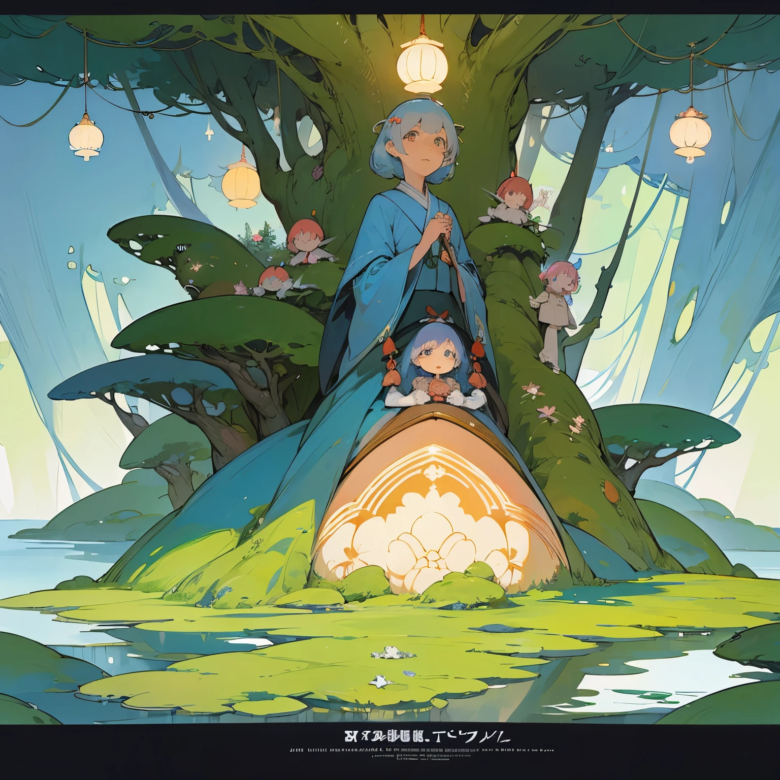 Elsa Beskow, Hisashi Hirai, Jean Giraud, Surreal, mysterious, strange, fantastical, fantasy, Sci-fi, Japanese anime, picture book forest, a place where characters from world fairy tales live, fantasy, fun, detailed masterpiece