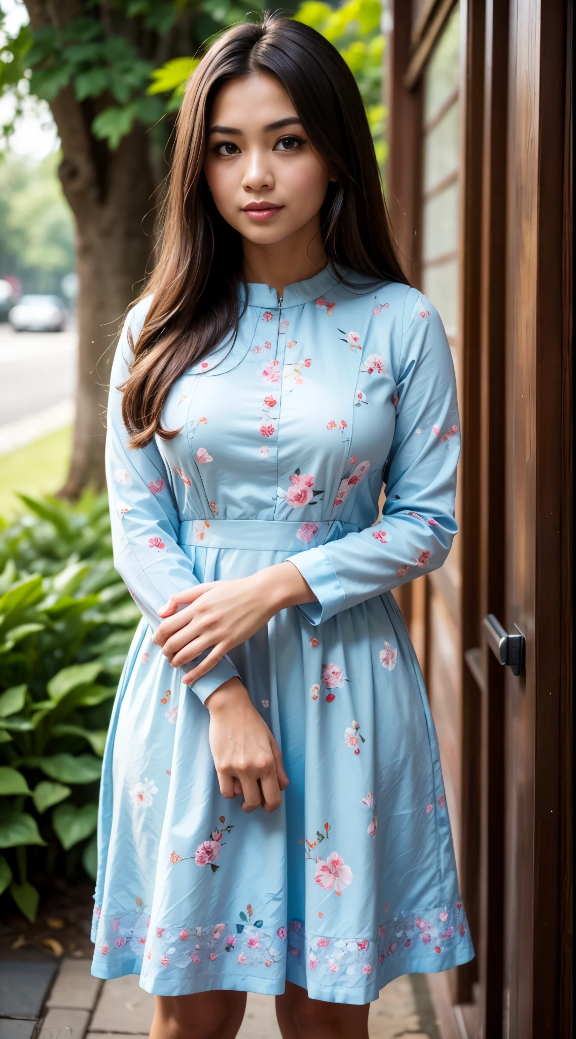 ( Close Up),RAW, Best quality, high resolution, masterpiece: 1.3), beautiful Malay woman in , Masterpiece, perfect body, Big breasts, thick thighs, long hair, brown hair, beautiful big eyes, mole under the eyes, long eyelashes, big eyes, beutifull face, perfect hand, Soft smile, woman in an light blue floral dress (( daster)),( frilled dress:1.1) ,standing on a brick wall, frock, malay women's fashion model, flowery dress, flowing dress, malay dress, wearing a long flowery dress, floral, stylish dress, floral art novuea dress,,long dress female, dark blue and brown leaves for hair, dress, ,Great lighting, Bright colors, Clean lines