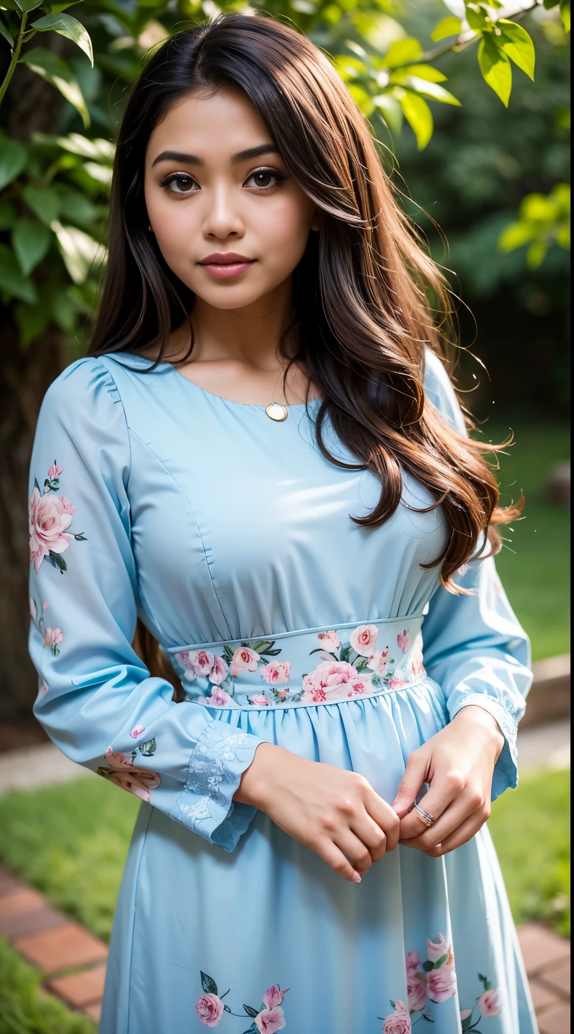 ( Close Up),RAW, Best quality, high resolution, masterpiece: 1.3), beautiful Malay woman in , Masterpiece, perfect body, Big breasts, thick thighs, long hair, brown hair, beautiful big eyes, mole under the eyes, long eyelashes, big eyes, beutifull face, perfect hand, Soft smile, woman in an light blue floral dress (( daster)),( frilled dress:1.1) ,standing on a brick wall, frock, malay women's fashion model, flowery dress, flowing dress, malay dress, wearing a long flowery dress, floral, stylish dress, floral art novuea dress,,long dress female, dark blue and brown leaves for hair, dress, ,Great lighting, Bright colors, Clean lines