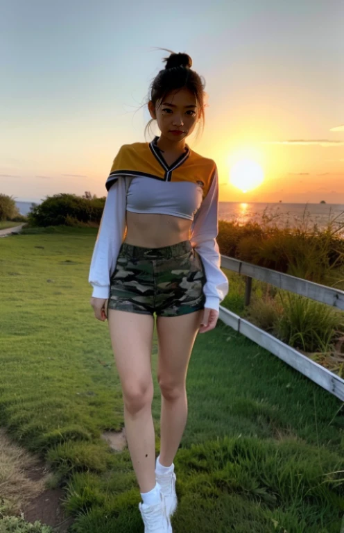 camouflage uniform、fullnude、barechested、Illuminated by the setting sun、at the sunset、Orange sunset、Mole、Sad face、Rough skin、acne switching body、crawl forward、Military Personnel、camouflage uniform、female pervert、hotpants、A dark-haired、Cuffedで拘束されている、Cuffed、confinement