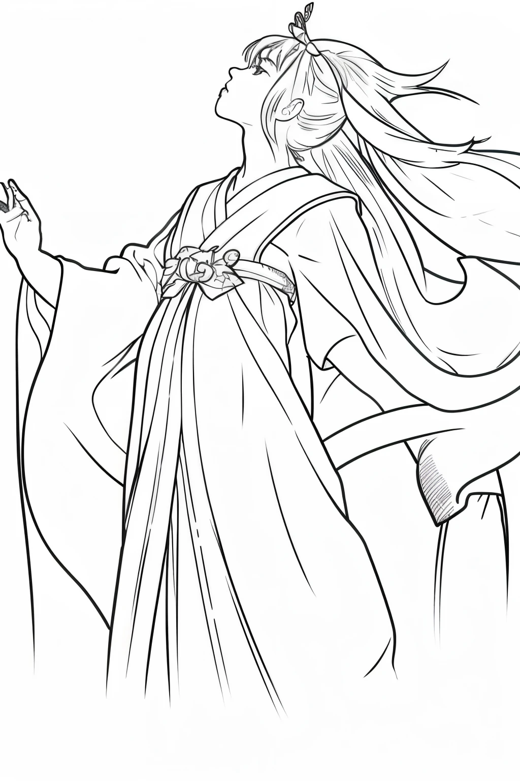 shrine maiden clothe profile illustratio line-drawing full bodyesbian look up to Look up right hand raised
