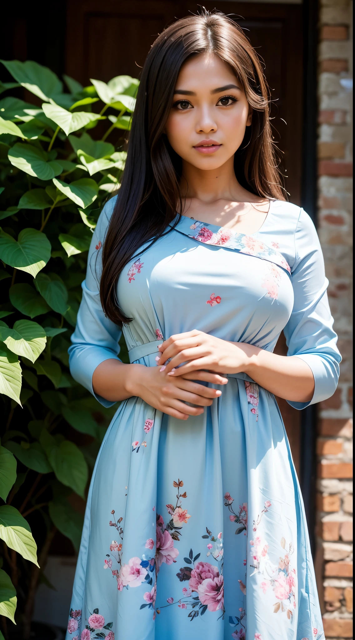 ( Close Up),RAW, Best quality, high resolution, masterpiece: 1.3), beautiful Malay woman in , Masterpiece, perfect body, Big breasts, thick thighs, long hair, brown hair, beautiful big eyes, mole under the eyes, long eyelashes, big eyes, beutifull face, perfect hand, Soft smile, woman in an light blue floral dress (( daster)),( frilled dress:1.1) ,standing on a brick wall, frock, malay women's fashion model, flowery dress, flowing dress, malay dress, wearing a long flowery dress, floral, stylish dress, floral art novuea dress,,long dress female, dark blue and brown leaves for hair, dress, ,Great lighting, Bright colors, Clean lines