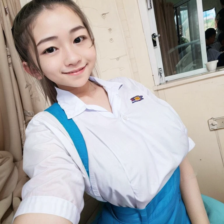 Small boobs waitress with smiling face