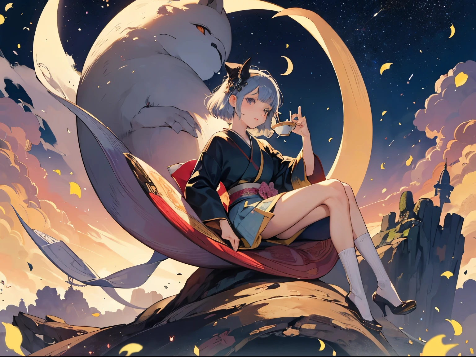 Maurice Sendak, Tony Ross, Yoshitoshi Abe, Surreal, mysterious, strange, fantastical, fantasy, sci-fi, Japanese anime, a beautiful girl in a miniskirt sitting on a crescent moon and having tea, perfect body, stars like confetti, detailed masterpiece