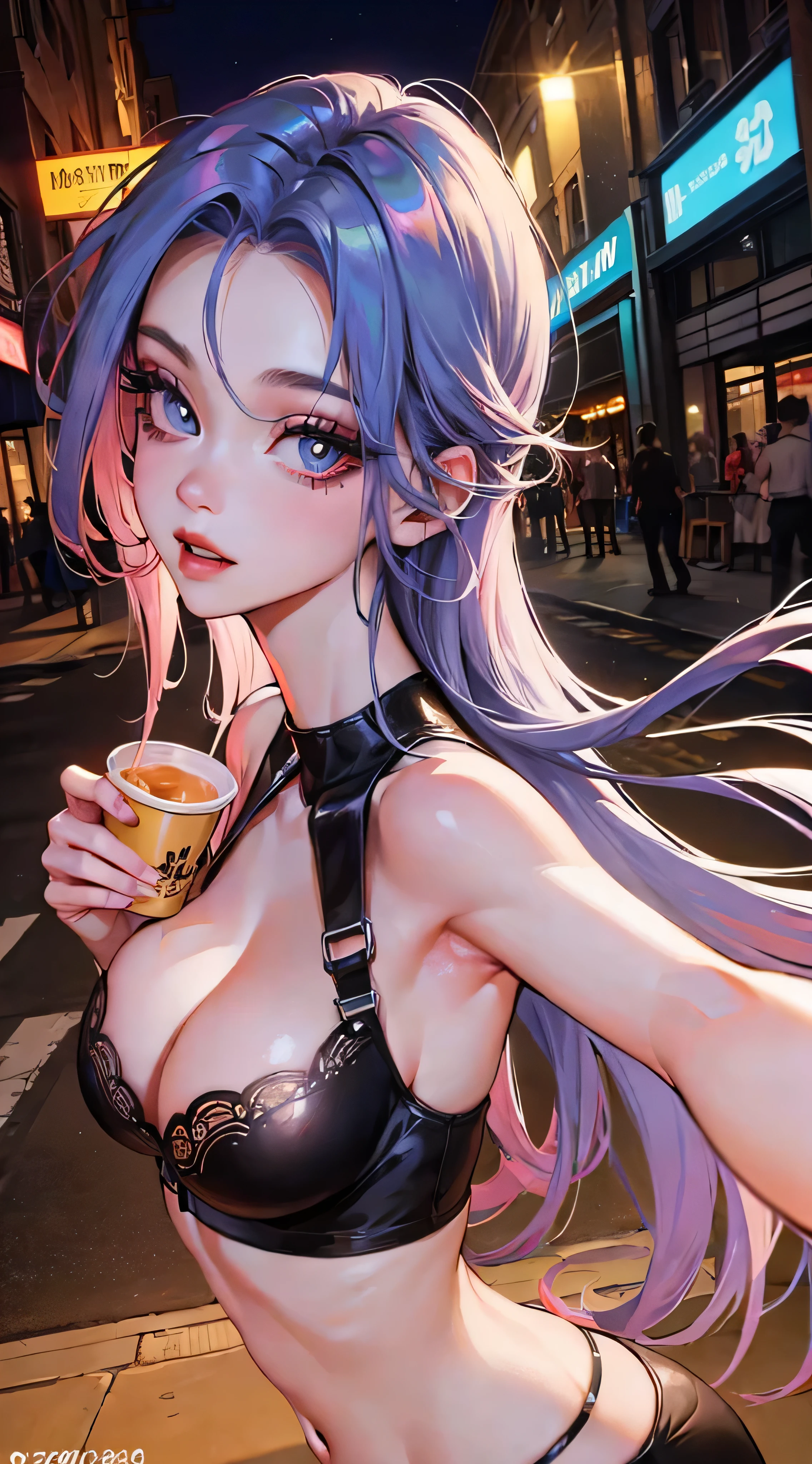 Jinx, Fleshy thighs, Instagram pose,Crop top,Underboobs, Nipples, A cup, Happy expression, (entire body image:1.5), (8K, Best quality, A high resolution:1.35), (RAW photo:1.2), (Photorealsitic:1.37), (Masterpiece: 1.25), perspired: 0.2, Dramatic lighting, photon maping, Radio City, symmetry, Complexity, Elegance, ((1 girl)), Large of breast, (Long eyelashes), detailed eyelashes, eye shadows, glowing eyes, Natural makeup, Clear facial features, curvy build, (Exposed cleavage), (Showing stomach), ((Fine detailed beautiful eyes: 1.2)), Bad girl, Erotic, Street background, Night City, ((Night)), show armpits