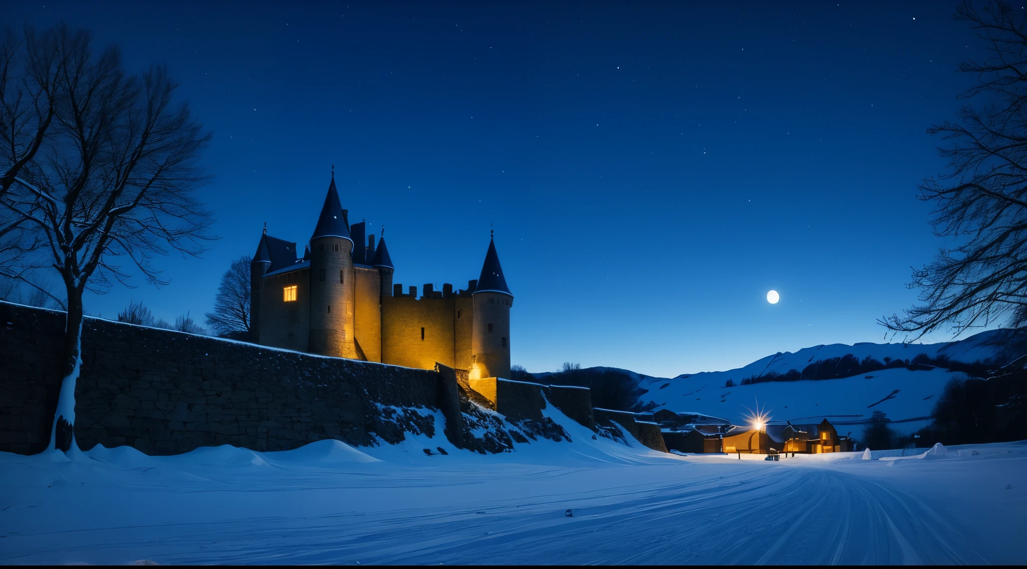The castle's stone walls loom in the moonlight, shadows dancing in the flickering torchlight. The distant howls of wolves echo through the icy air.