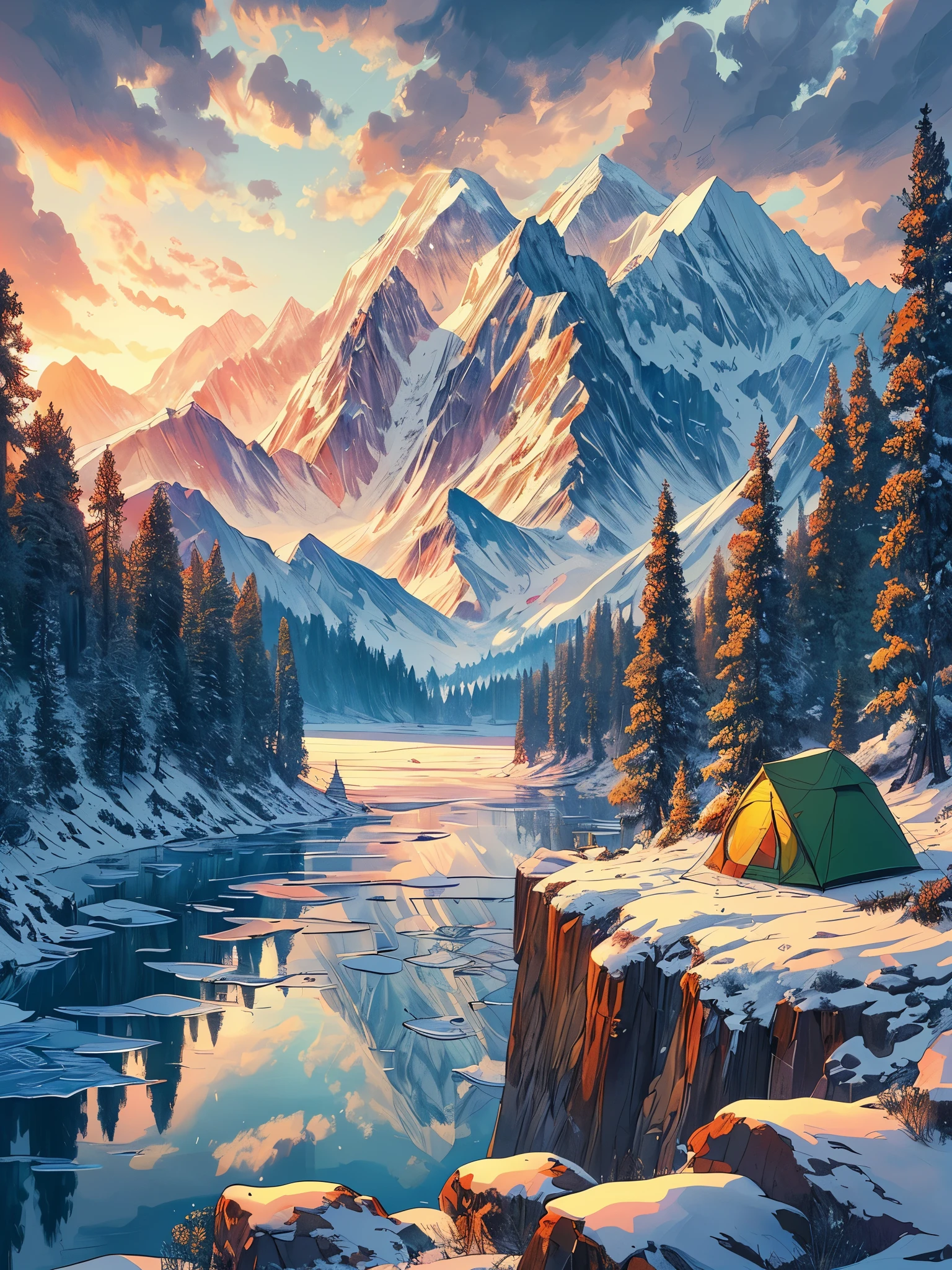 Draw an anime wide lofi scene of an alpine tent on the edge of cliff,huge snow cladded himalayan range visible during sunset, pine forest all around, alpine frozen lake with reflection, patches of snow, beautiful cloudy sky, nature at its best, vibrant color tones, masterpiece, peaceful scene