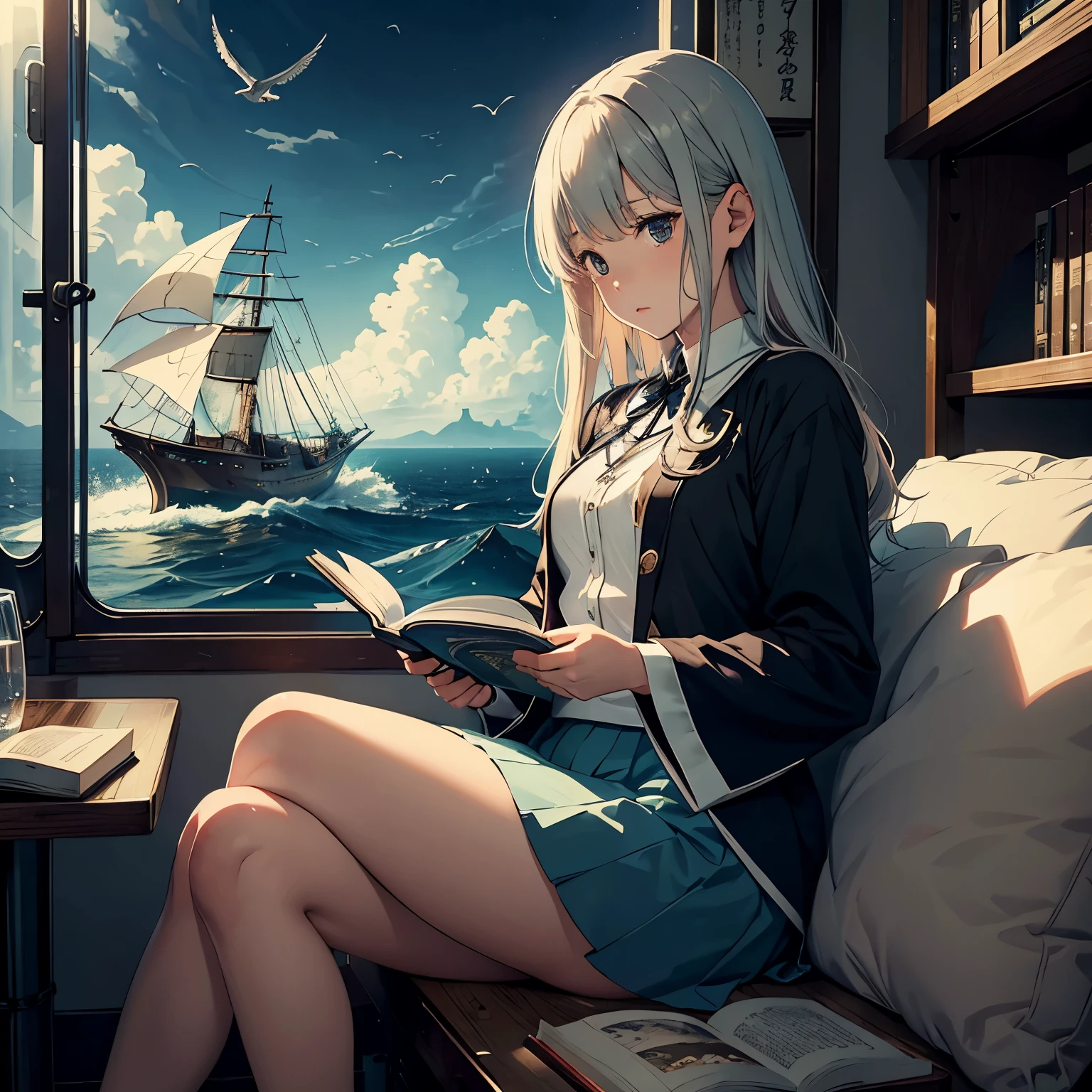 Mizuho Aimoto, EEVA NIKUNEN, Surreal, mysterious, strange, fantastical, fantasy, Sci-fi, Japanese anime, the sea inside a book, several seagulls, a small steamship, a beautiful girl in a miniskirt reading a book, perfect voluminous body, detailed masterpiece