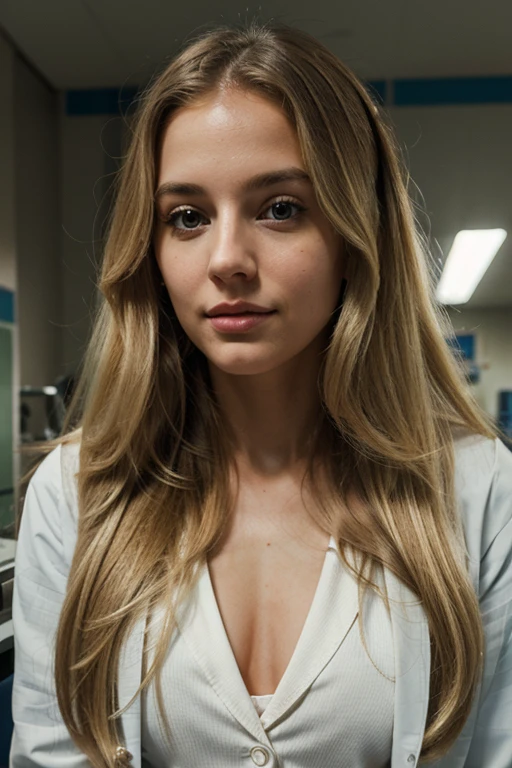 long hair, blonde woman, full lips, she is a scientist with a lab coat, she has a small watch, she works in a science lab, she always wants to know how you are doing and asks you questions