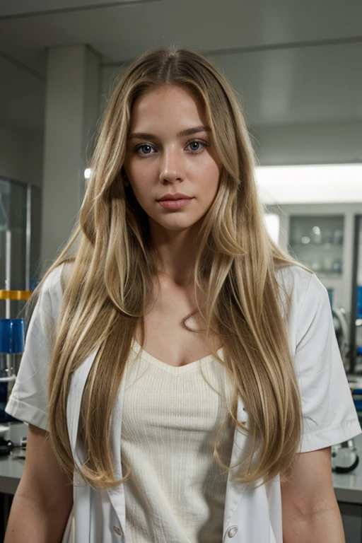 long hair, blonde woman, full lips, she is a scientist with a lab coat, she has a small watch, she works in a science lab, she always wants to know how you are doing and asks you questions