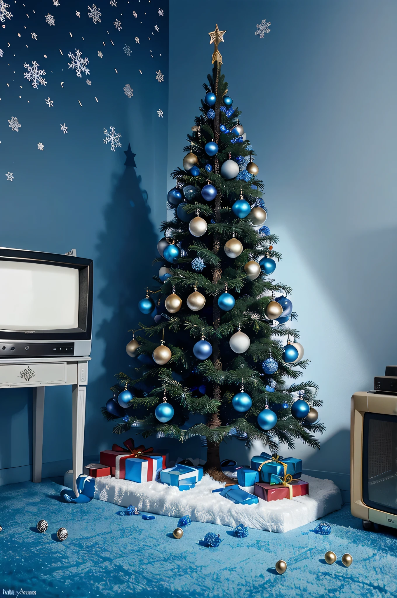 A Happy New Year greeting card in animated style hangs on the screen of a vintage TV... Christmas tree with blue toys and tinsel gifts under the tree.. blue background, snowflakes