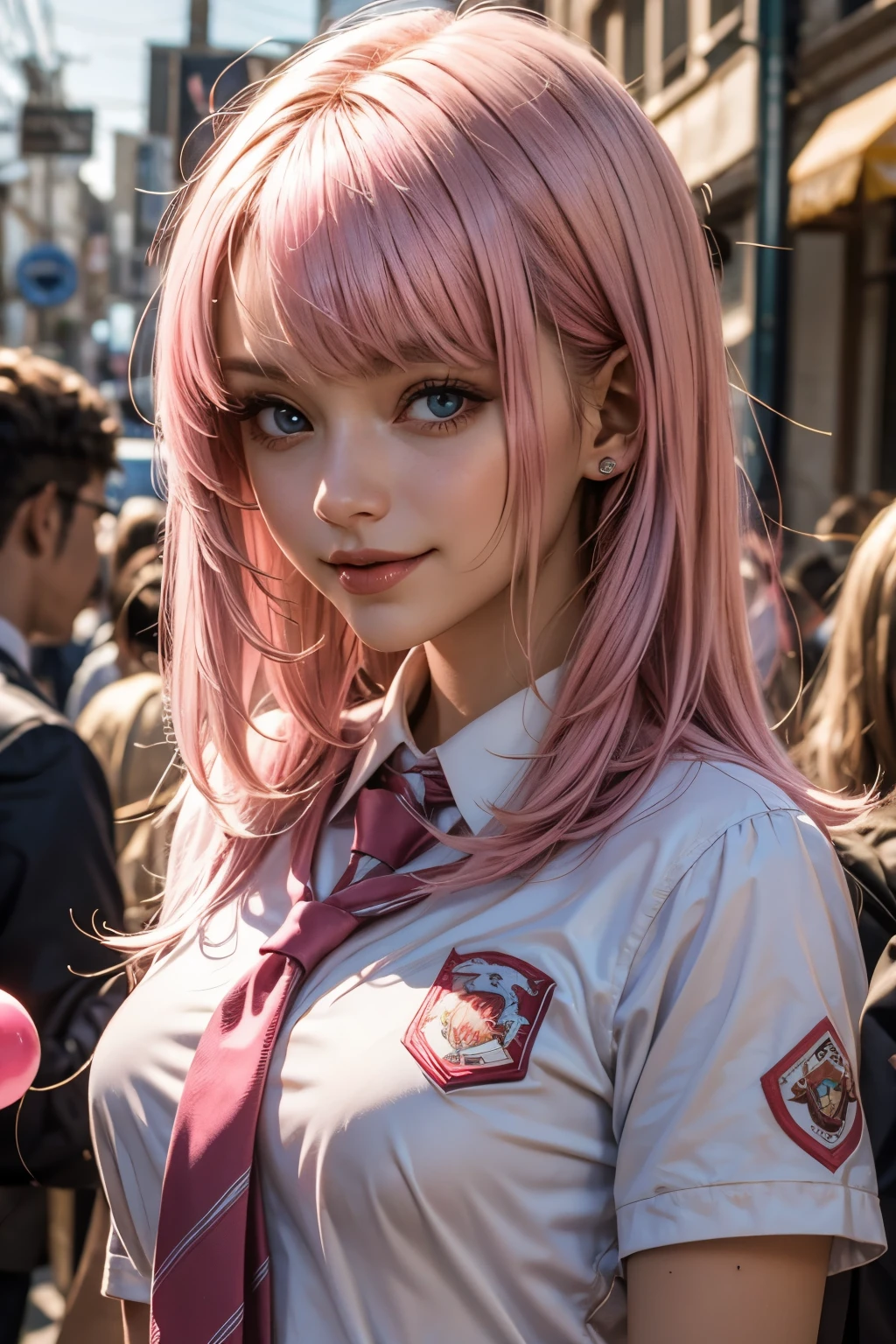 (1Girl, Russian, Beautiful, smiling, 18yo, ((Messy bubblegum pink hair with a fringe)), (pink perfects eyes), ((wearing blue school uniform))), ((In a shoopping)),