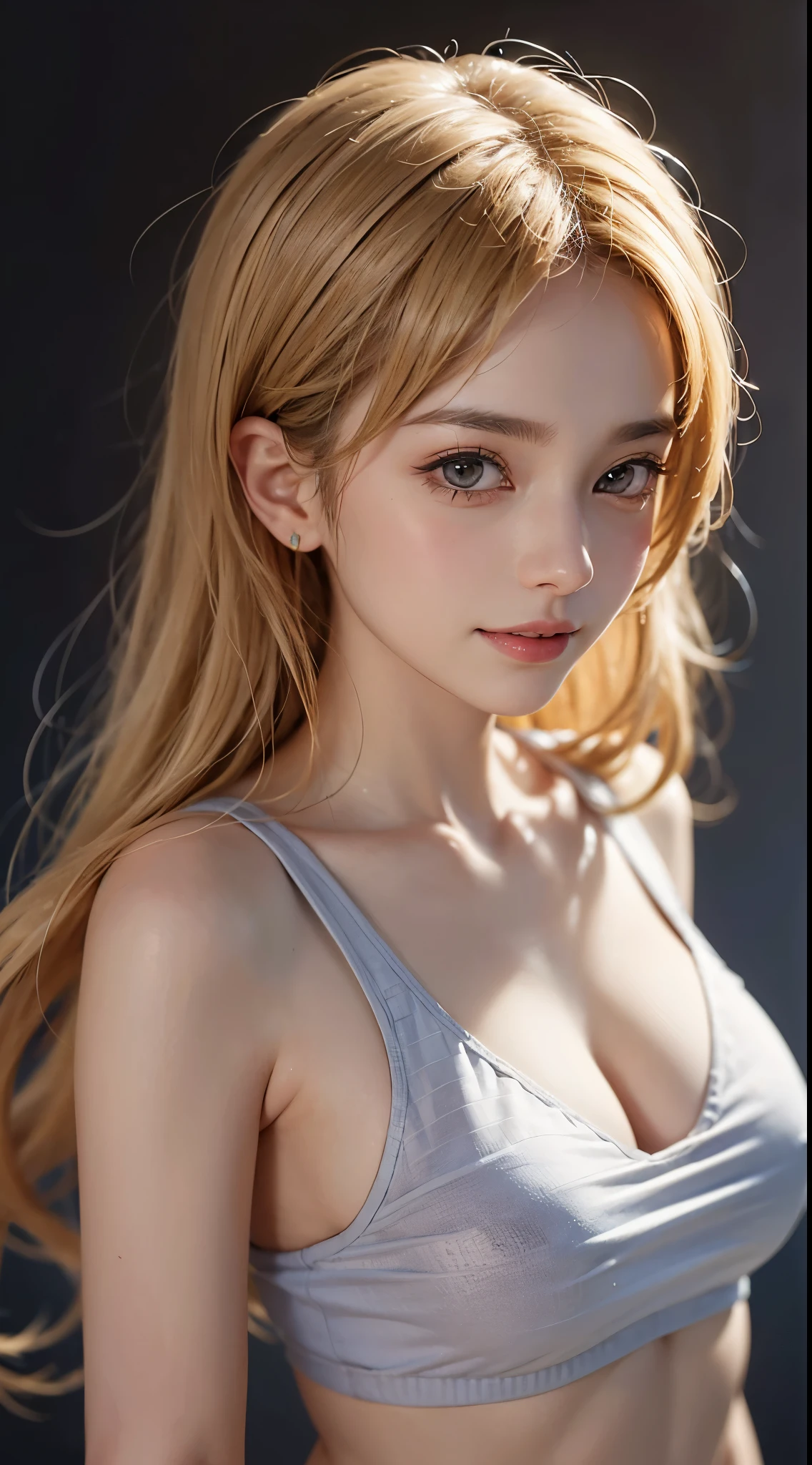 ((Beauty like a model)), Japan Girl,1 persons,​masterpiece, The highest image quality, ultra-detailliert, (perfectbody:1.2), ((Perfect face+Blonde hair)), Close up of, short wavy hair,Viewer's Perspective, detailed hairs、Detailed eyes(realisticeyes),profetional lighting,medium breasts brown eyes),slenderbody, Lady,About 28 years old,glamor,kindly smile,Half Girl,Lashes,二重まぶた,White tank top,Raw photo,glamorのある唇,Lovely smile,she crumpled her face and smiled,Navel Fashion,abdominals,Constriction,Beautiful back,