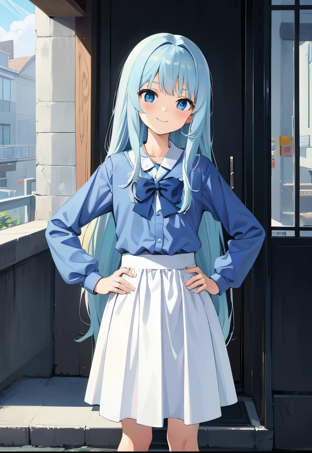 Winters.girl with.light Blue hair.long hair.student clothes.a junior high school student.short stature.a smile.Look at viewers.put hands on the hip