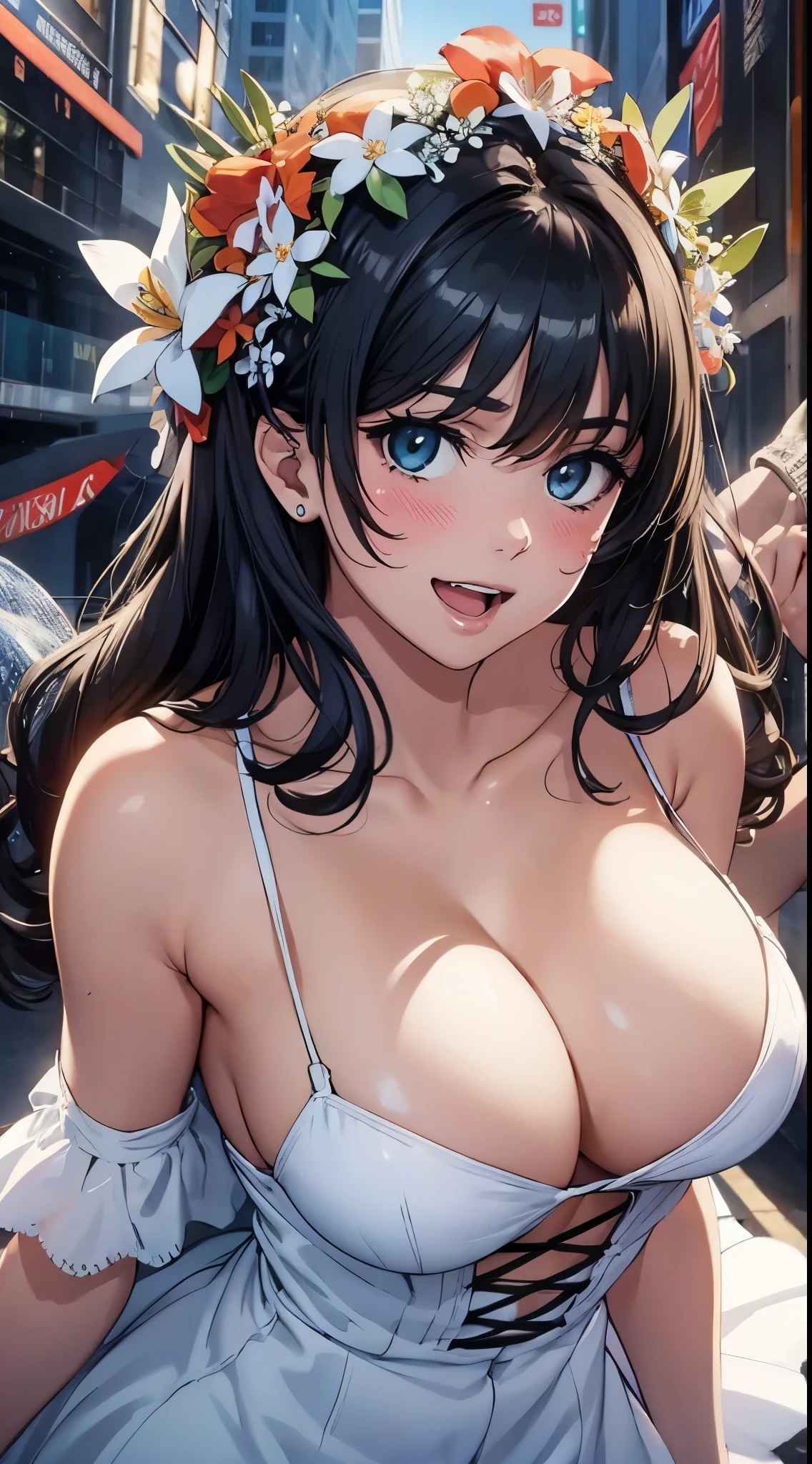 1womanl,Black hair,14years ,(()),Beautiful breasts,(((sexy white shiny dress)))(())(((Blushing cheeks、Smile with open mouth)),(((Satin Narico))),((( portlate))),Crowds,White dress