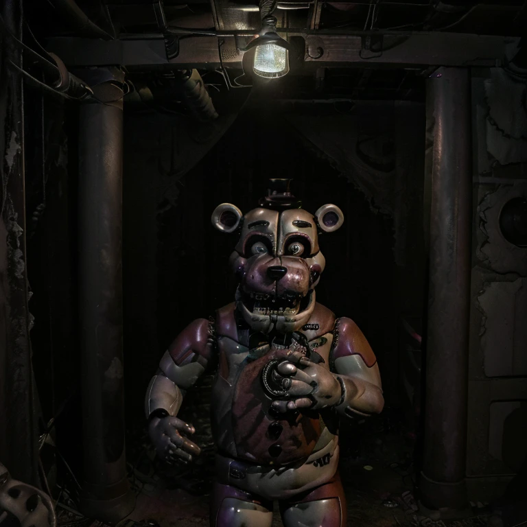 (best quality,realistic:1.37),Freddy Fazbear,animatronic bear,haunted pizzeria,spooky atmosphere,dark and eerie lighting,detailed facial features and expression,animatronic movements,popular horror video game character,intense and suspenseful,cartoonish yet terrifying,metal endoskeleton with fur,sharp teeth and claws,glowing,evil eyes,horrifying animatronic screams,broken and tattered appearance,pizza parlor stage backdrop,animatronic band members,music and sound effects,children screaming and laughing,creepy animatronic laughter,mysterious shadows,red and black color scheme,soft and spooky music,immersive and chilling ambiance,abandoned and decrepit surroundings,distorted and glitchy visuals,malfunctioning animatronic parts,indoor setting,cold and dreary atmosphere,evil presence,horror attraction experience,thrilling jump scares,unpredictable and terrifying encounters,dark secrets,nightmare-inducing animatronics.