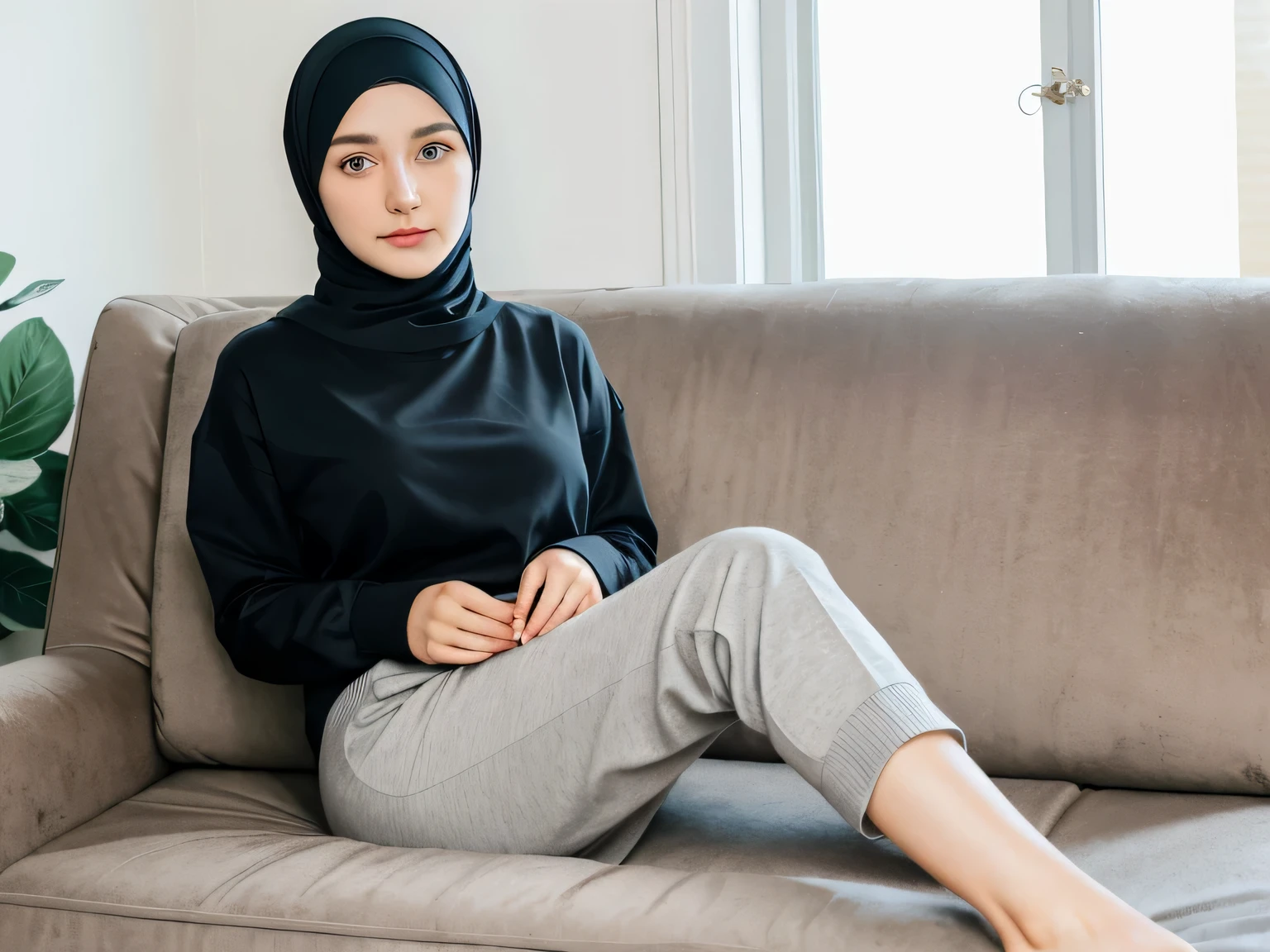 1 Girl, Beautiful, Russian Baby Face, 28 Years Old, White Skin, Hijab, wearing black shirt and sweater, grey long pants, Big Chest, looking directly at the camera, sitting in a sofa, full body: 1:2, realistic eyes, beautiful detailed eyes, (realistic skin), beautiful skin,