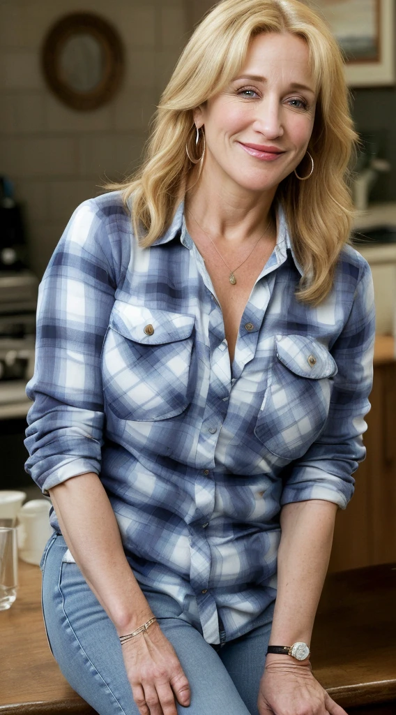 blonde woman with blue eyes and a blue flannel shirt with a white shirt underneath and jeans smiling, this person does not exist, 40 years old, slightly chubby, busty, pear shaped body, bottom heavy, thick, mary masterson-bonnie bedelia-jane lynch-molly ringwald-melissa mcbride-holly hunter-princess diana-caroline aaron-megan mullally-katey sagal-sonja morgan-paula marshall merged,